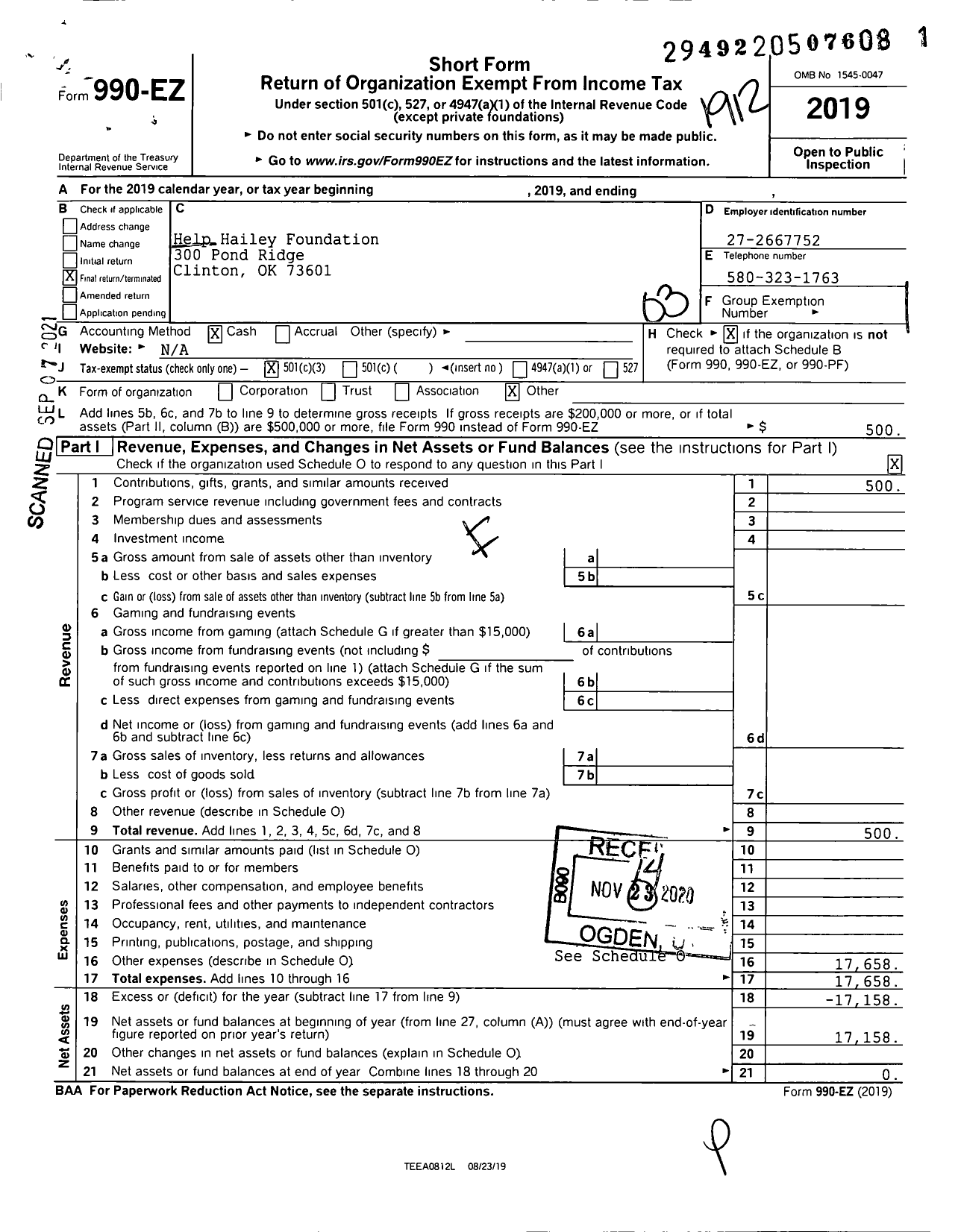 Image of first page of 2019 Form 990EZ for Help Hailey Foundation