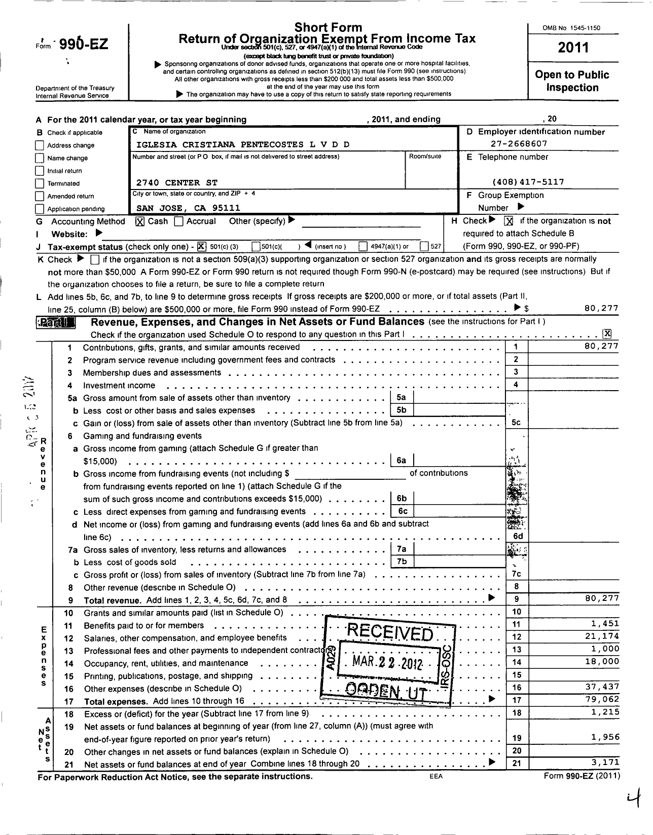 Image of first page of 2011 Form 990EZ for Iglesia Cristiana Pentecostes La Voz de Dios