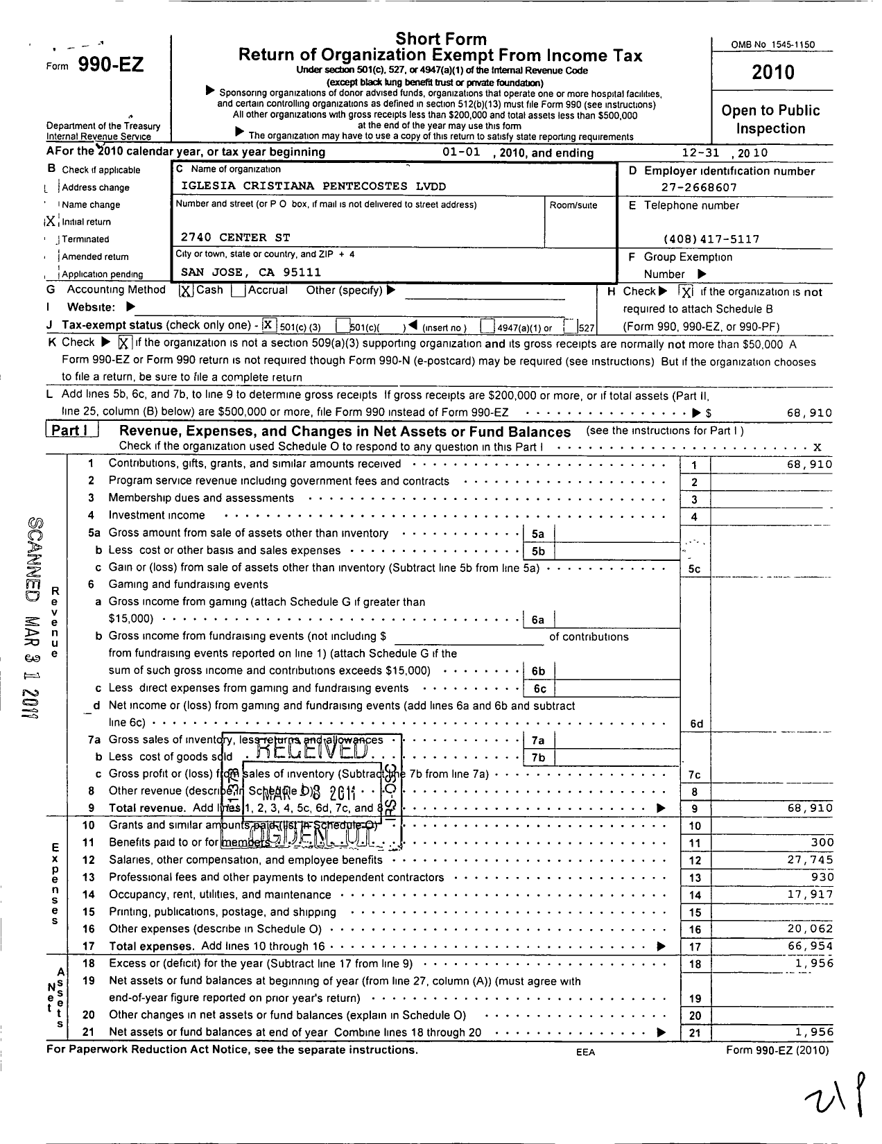 Image of first page of 2010 Form 990EZ for Iglesia Cristiana Pentecostes La Voz de Dios