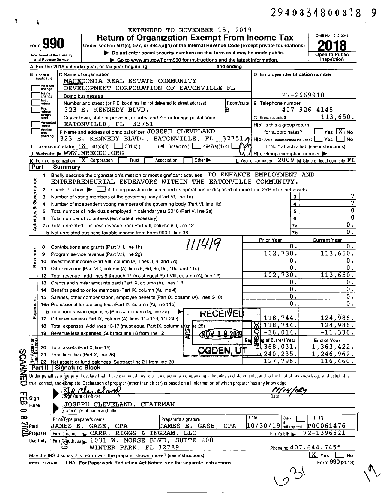 Image of first page of 2018 Form 990 for Macedonia Real Estate Community Development Corporation of Eatonville FL