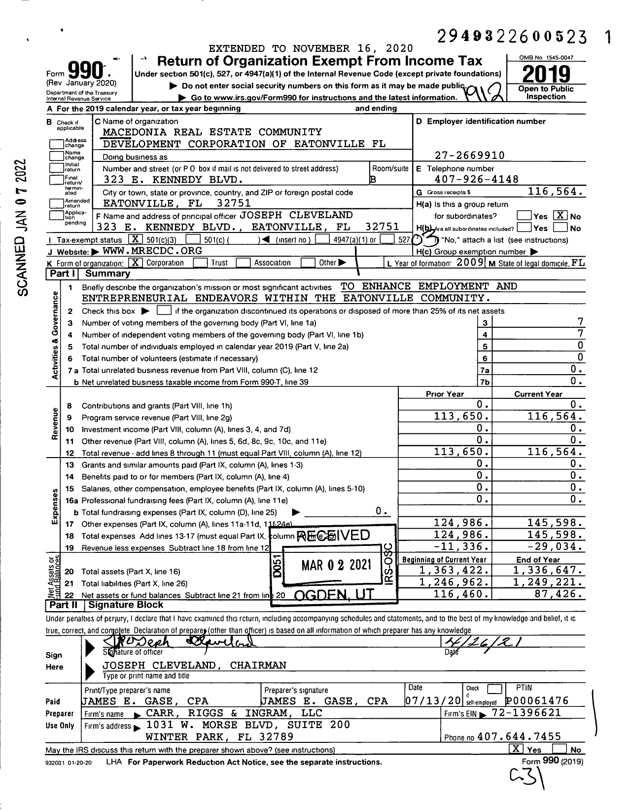 Image of first page of 2019 Form 990 for Macedonia Real Estate Community Development Corporation of Eatonville FL