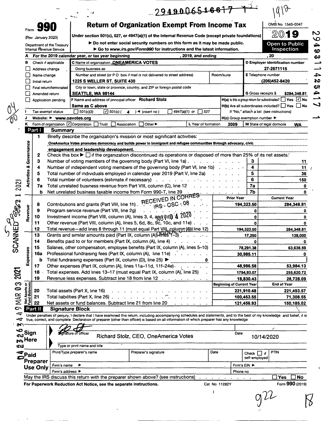 Image of first page of 2019 Form 990O for OneAmerica Votes