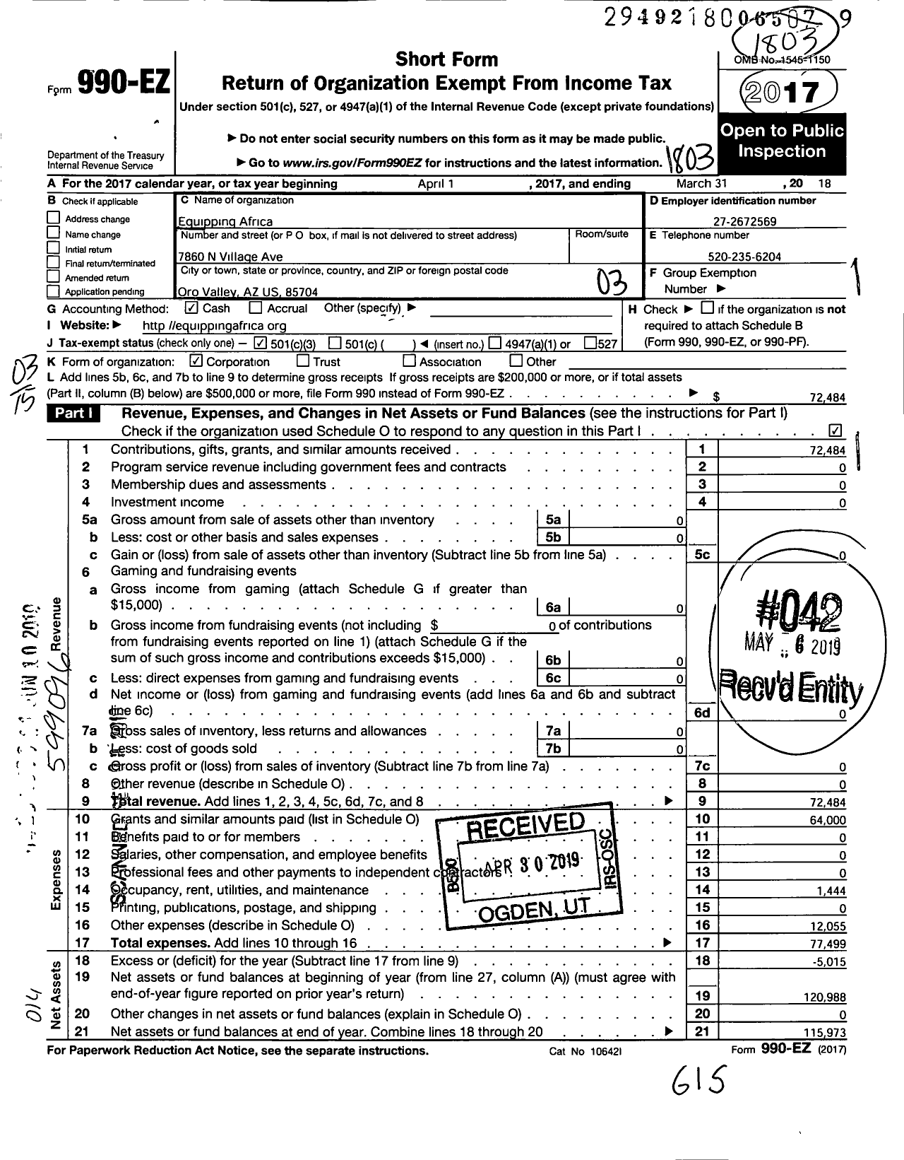 Image of first page of 2017 Form 990EZ for Equipping Africa