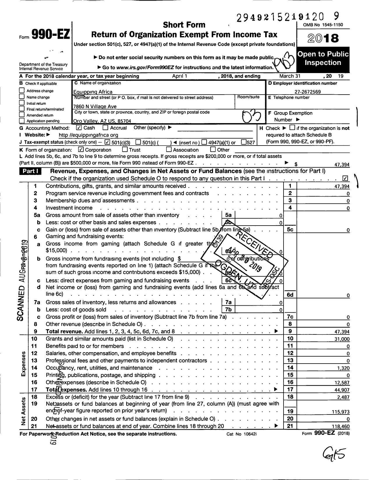 Image of first page of 2018 Form 990EZ for Equipping Africa