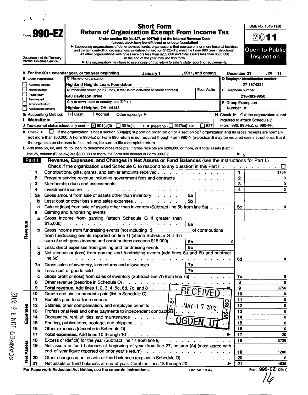 Image of first page of 2011 Form 990EZ for Highland Heights Lions Foundation