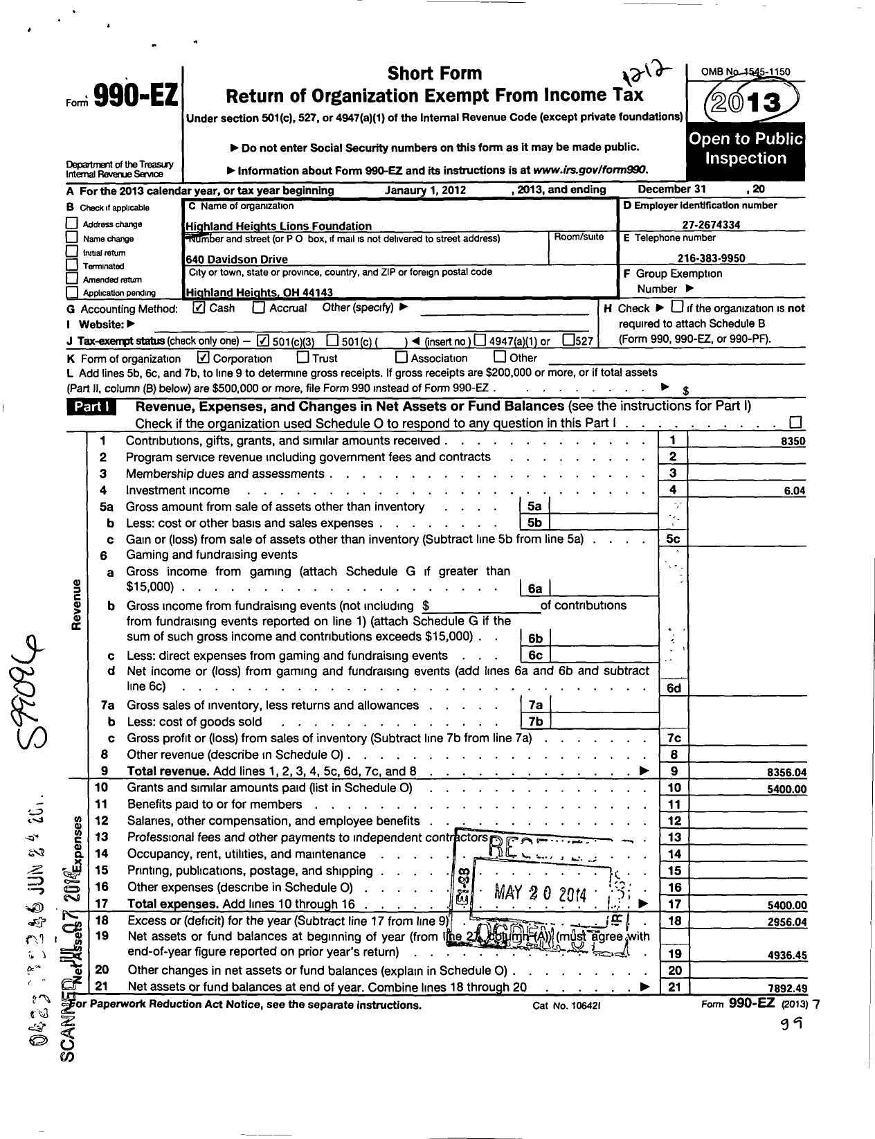 Image of first page of 2012 Form 990EZ for Highland Heights Lions Foundation