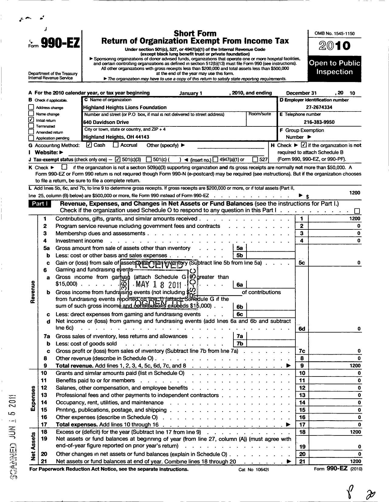 Image of first page of 2010 Form 990EZ for Highland Heights Lions Foundation