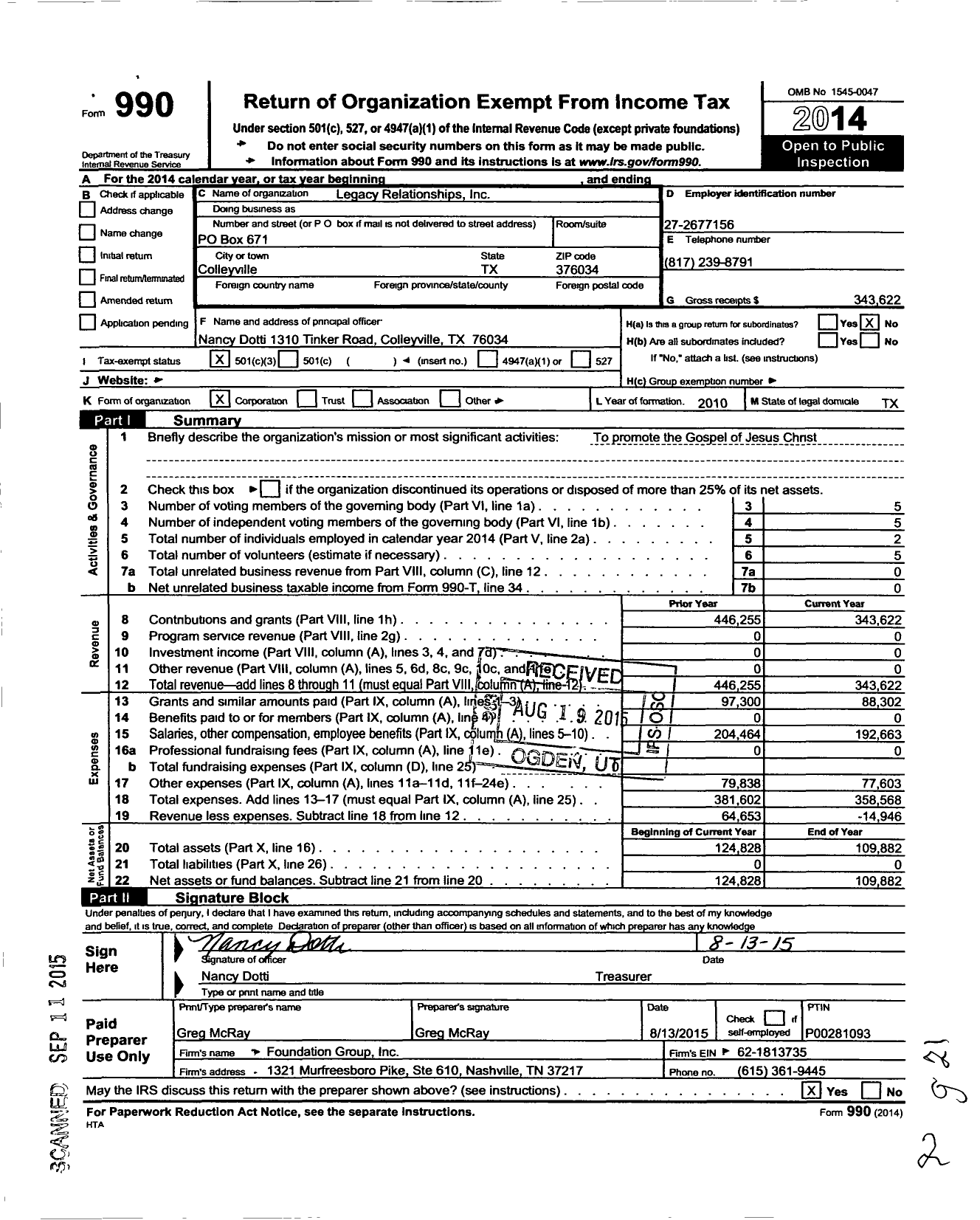 Image of first page of 2014 Form 990 for Legacy Relationships