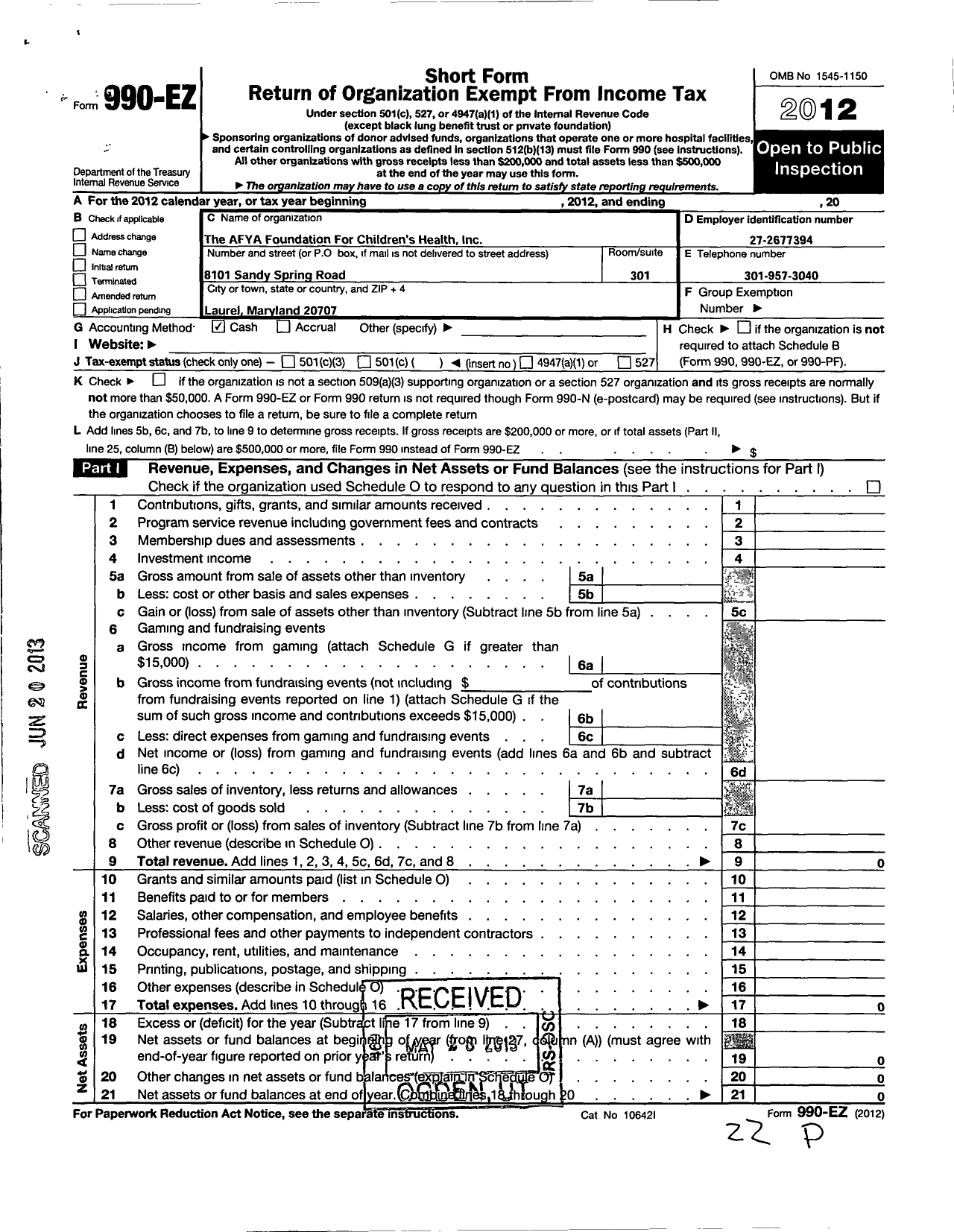 Image of first page of 2012 Form 990EO for Afya Foundation for Childrens Health