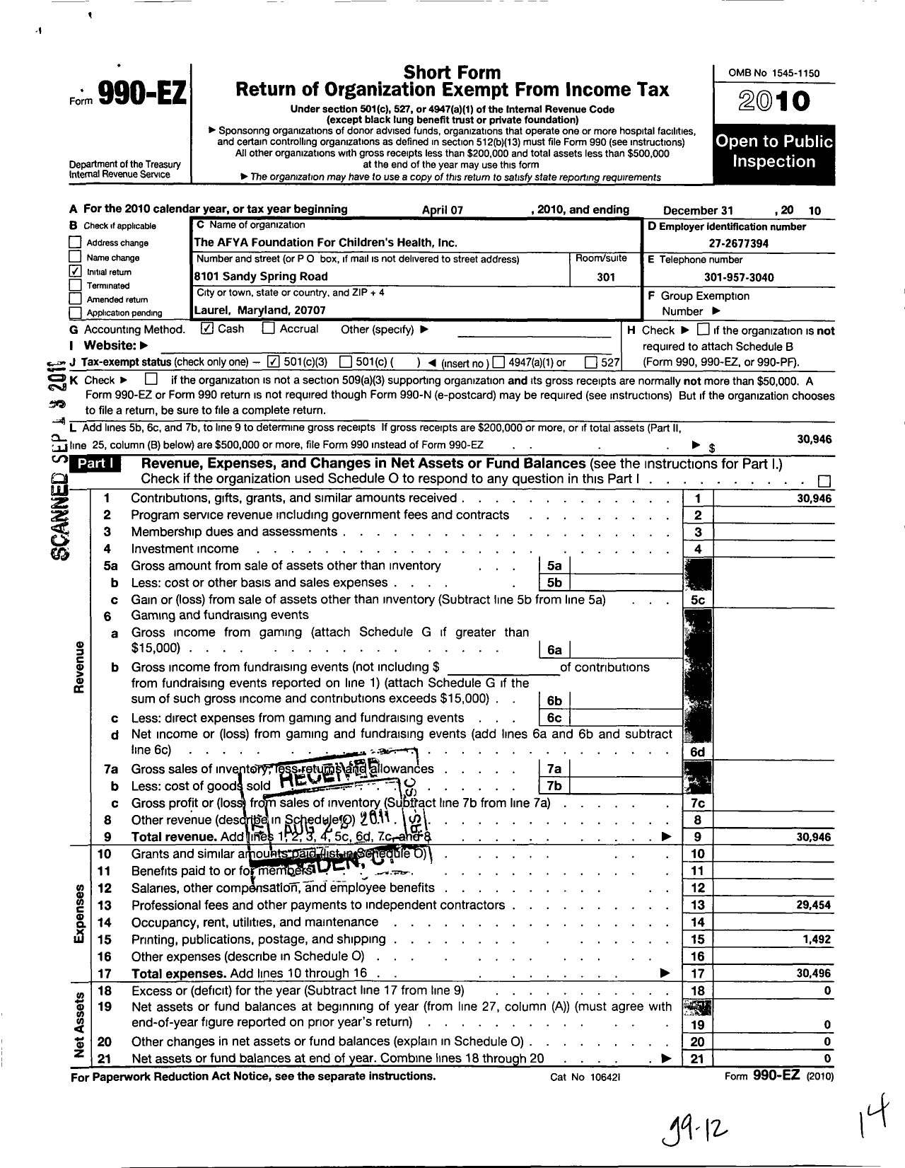 Image of first page of 2010 Form 990EZ for Afya Foundation for Childrens Health