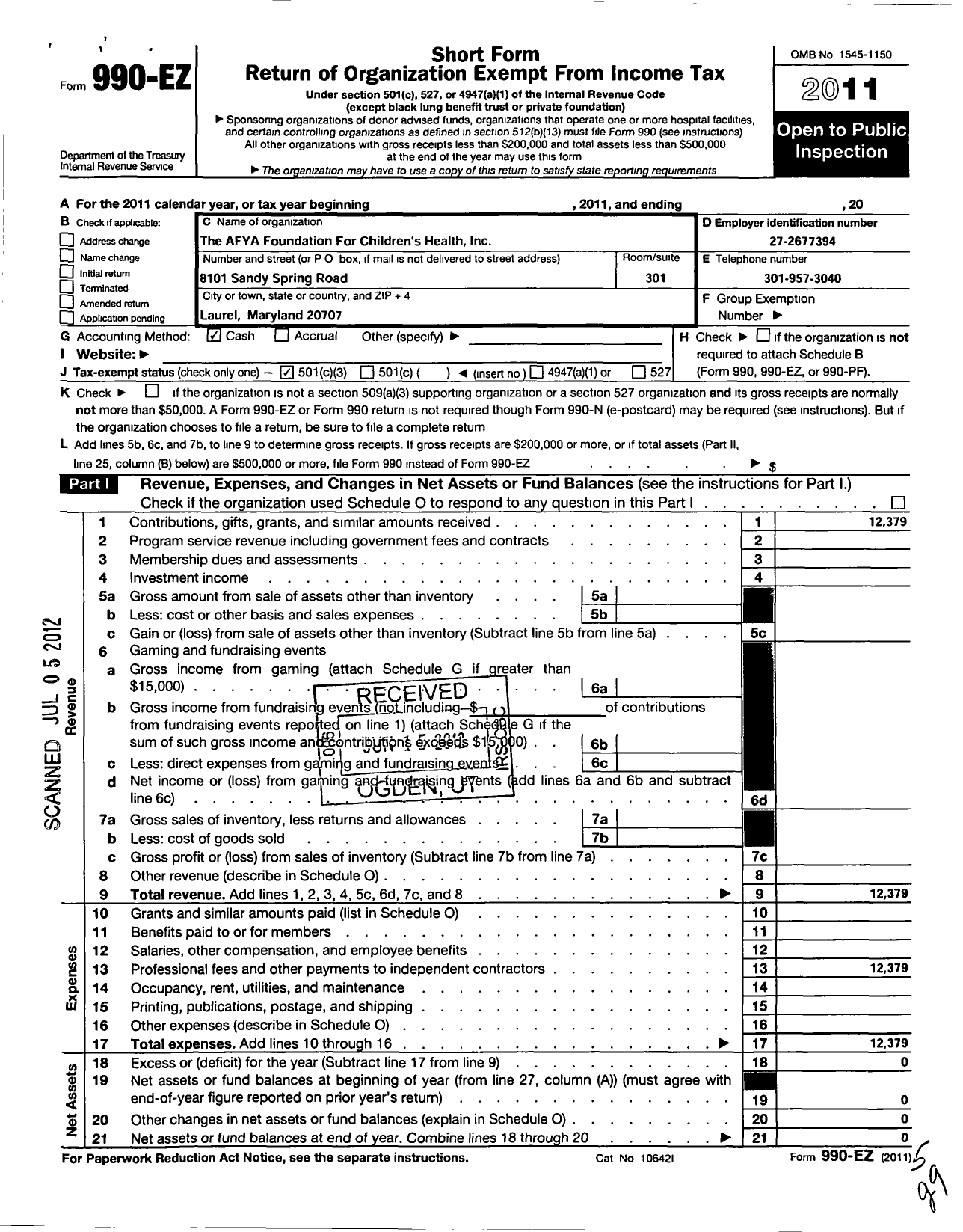 Image of first page of 2011 Form 990EZ for Afya Foundation for Childrens Health