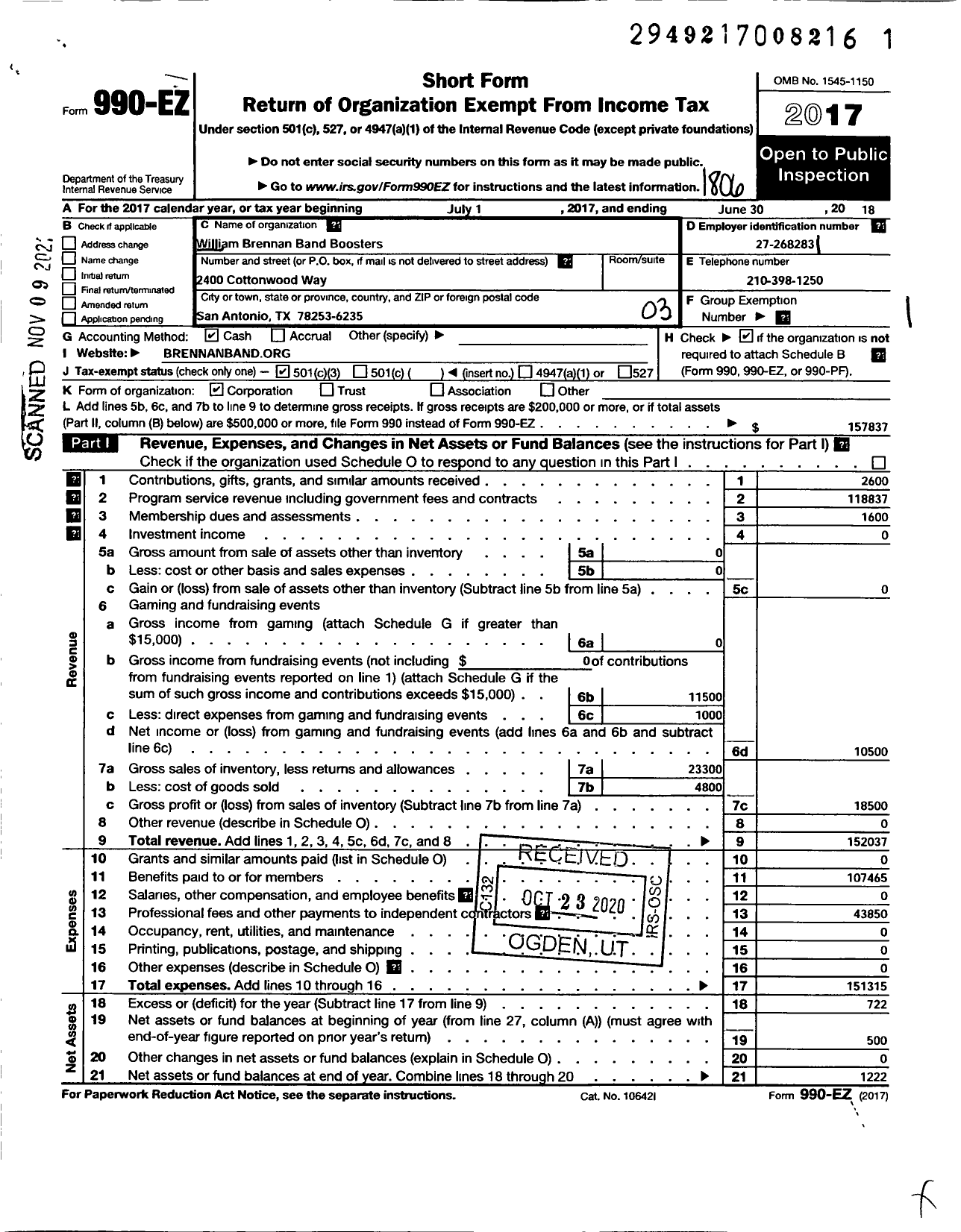 Image of first page of 2017 Form 990EZ for William Brennan Band Boosters