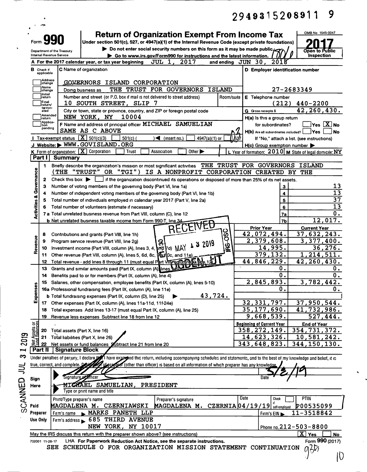 Image of first page of 2017 Form 990 for The Trust for Governors Island