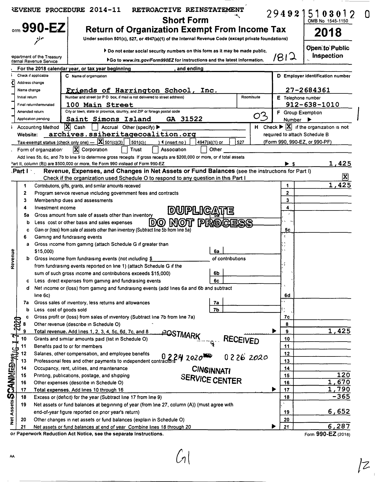 Image of first page of 2018 Form 990EZ for Friends of Harrington School