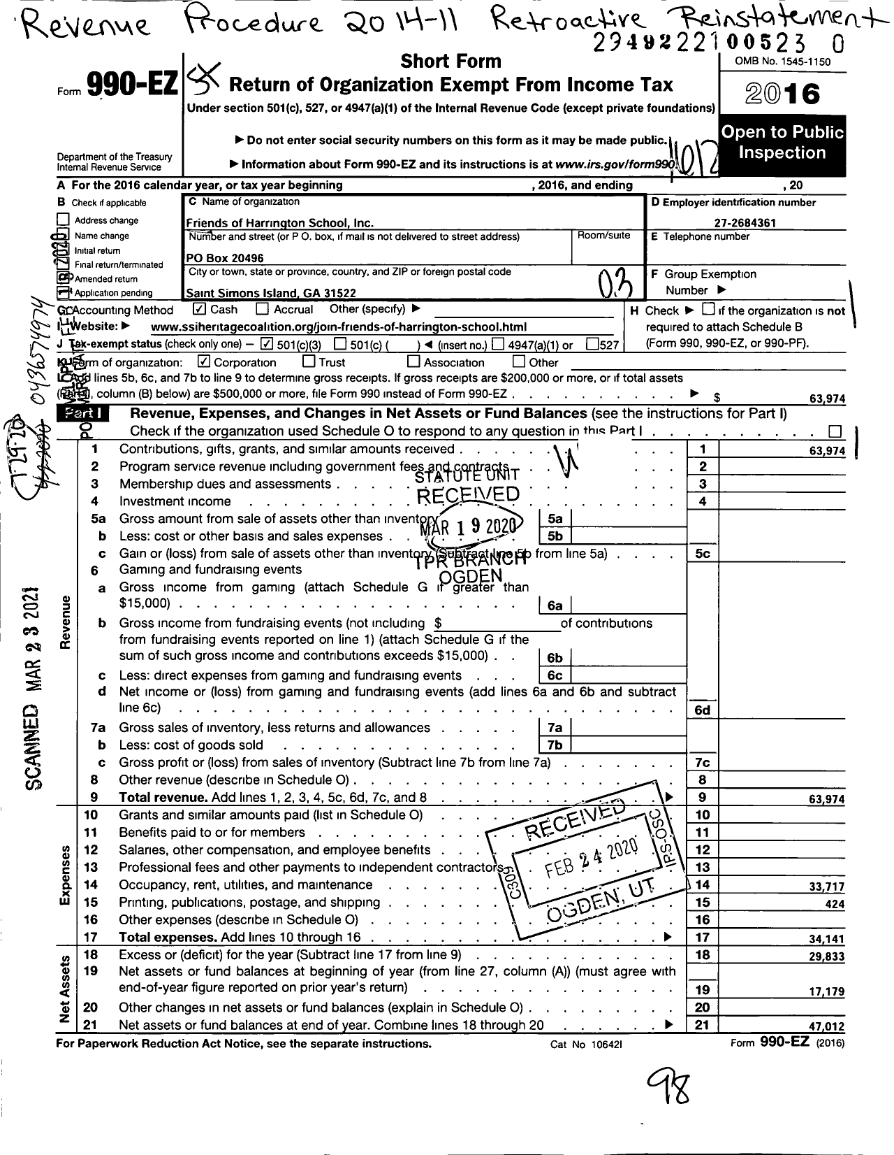 Image of first page of 2016 Form 990EZ for Friends of Harrington School