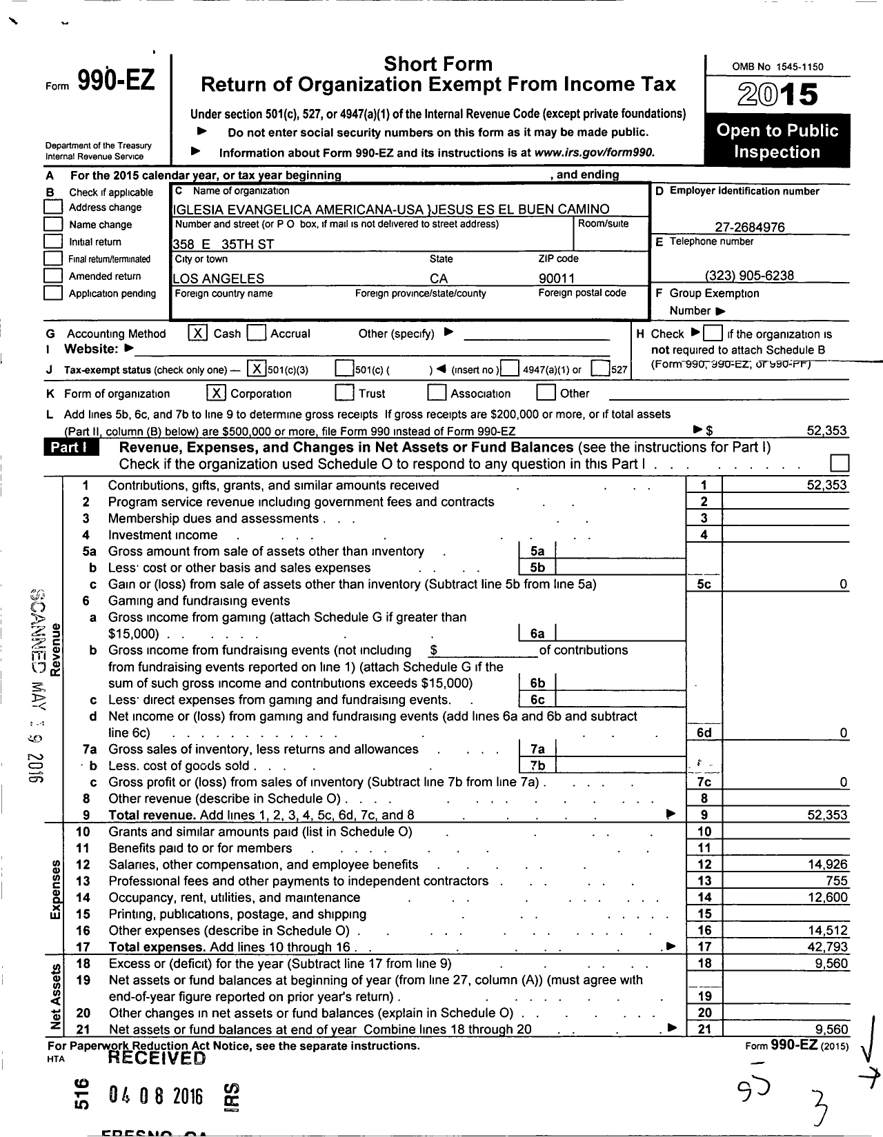 Image of first page of 2015 Form 990EZ for Iglesia Evangelica Americana USA Jesus Es El Buen Camino