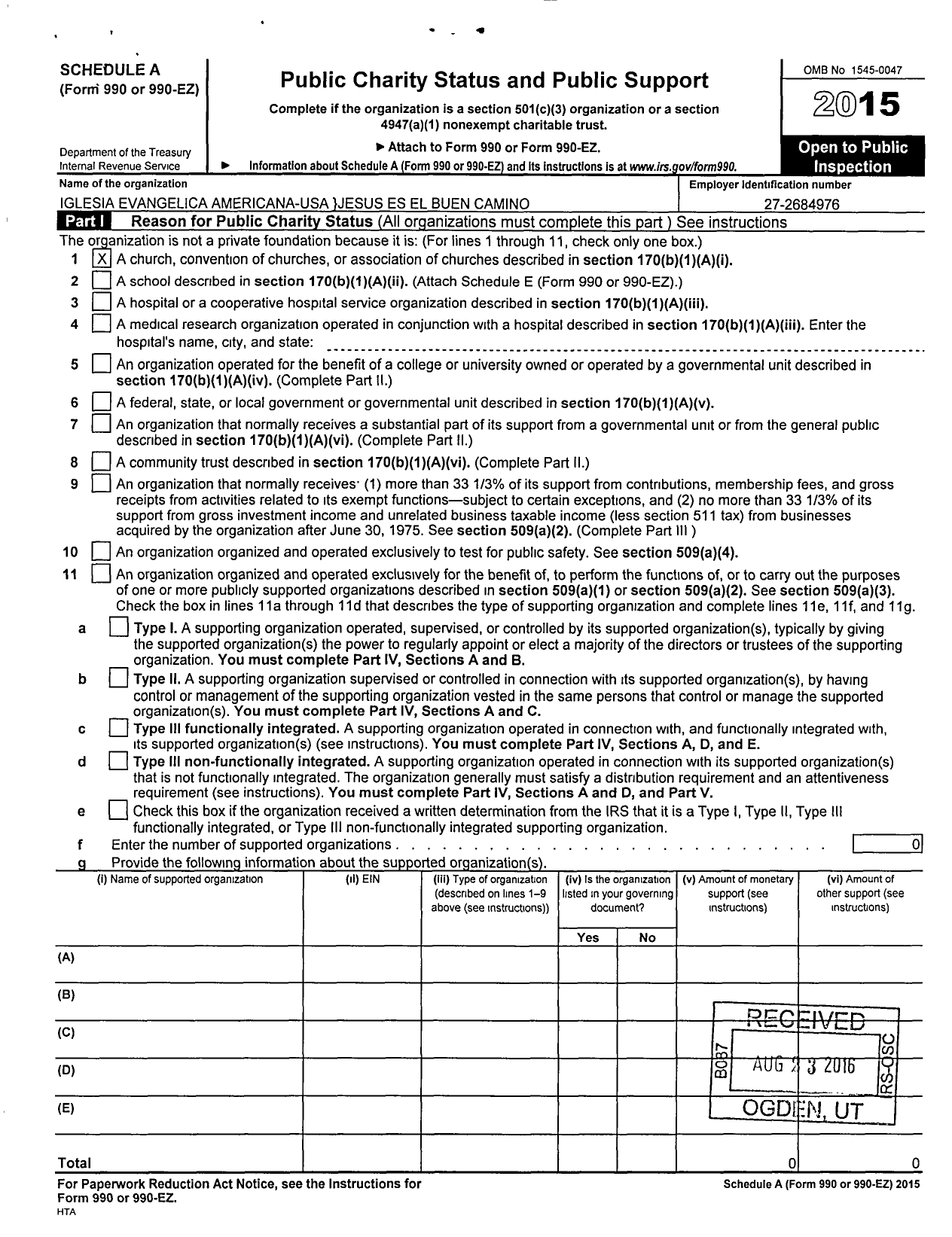 Image of first page of 2015 Form 990ER for Iglesia Evangelica Americana USA Jesus Es El Buen Camino