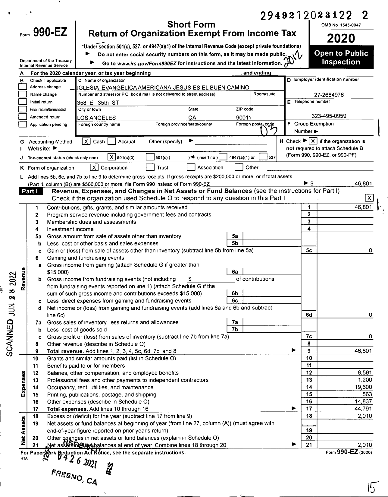 Image of first page of 2020 Form 990EZ for Iglesia Evangelica Americana USA Jesus Es El Buen Camino