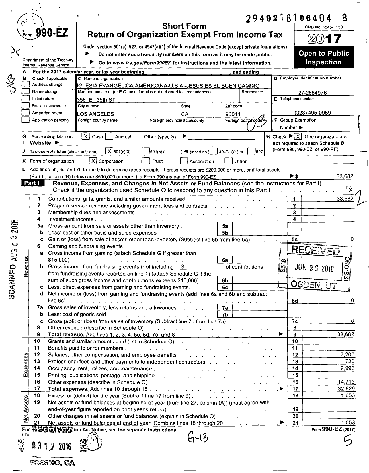 Image of first page of 2017 Form 990EZ for Iglesia Evangelica Americana USA Jesus Es El Buen Camino