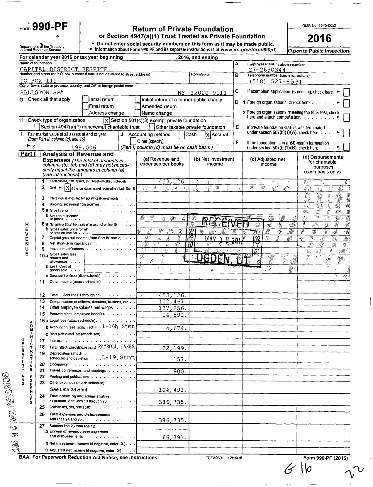 Image of first page of 2016 Form 990PF for Capital District Respite