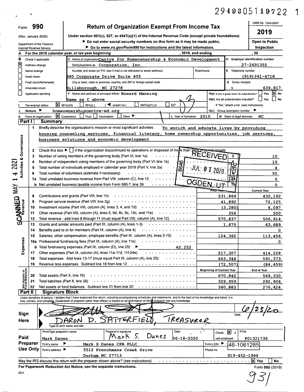 Image of first page of 2019 Form 990 for Centre for Homeownership and Economic Development