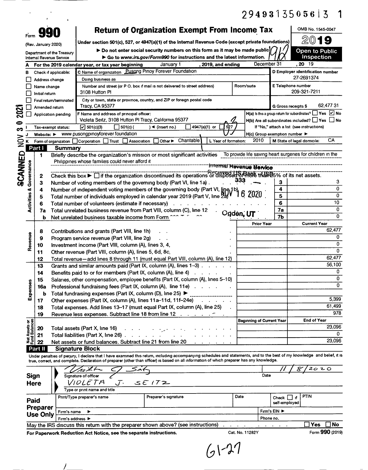 Image of first page of 2019 Form 990 for Pusong Pinoy Forever Foundation