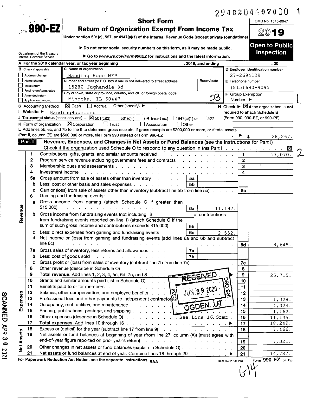 Image of first page of 2019 Form 990EZ for Handing Hope NFP