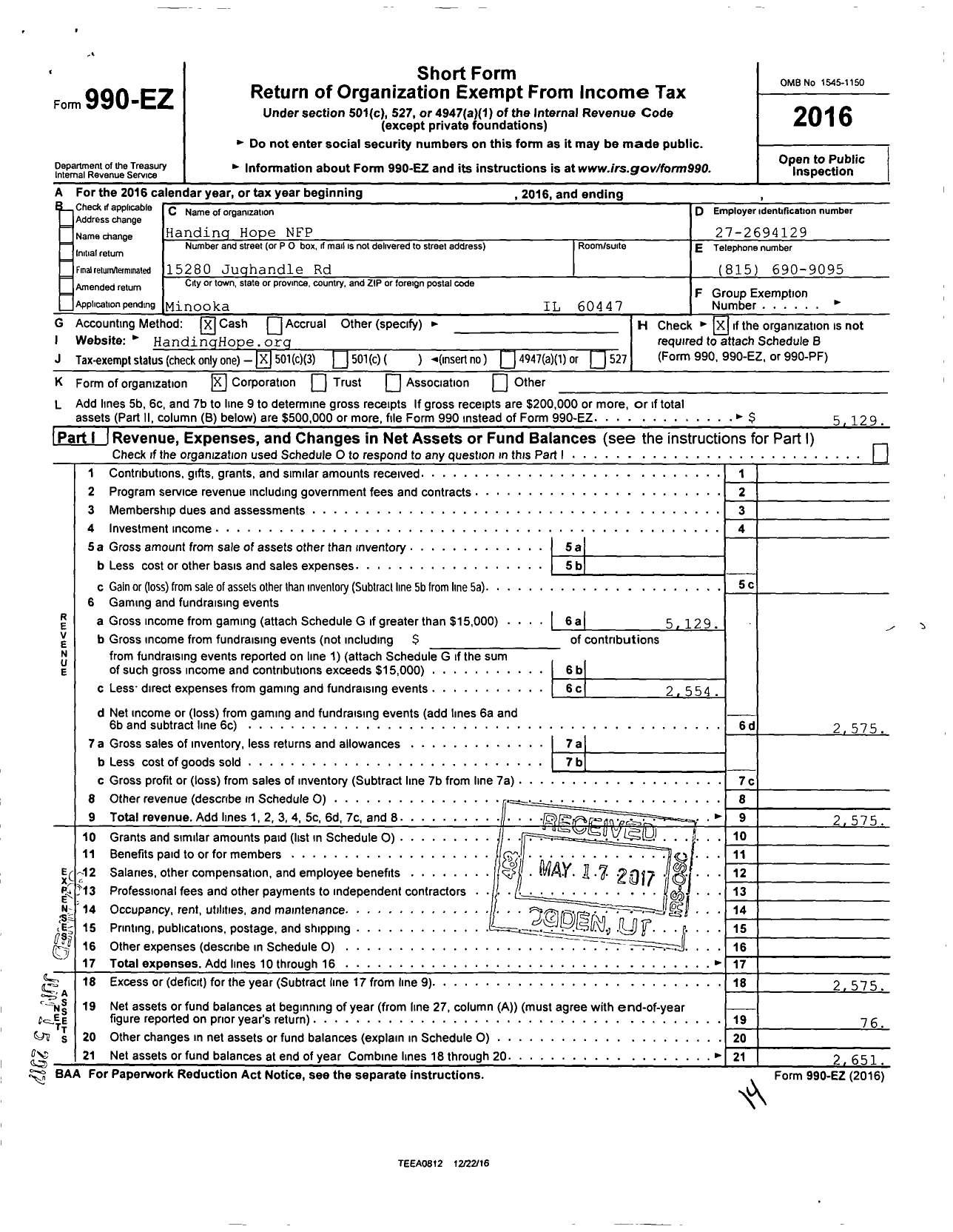 Image of first page of 2016 Form 990EZ for Handing Hope NFP