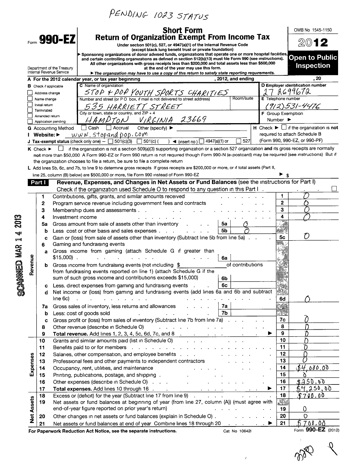 Image of first page of 2012 Form 990EO for Stop and Pop Youth Sports Charities