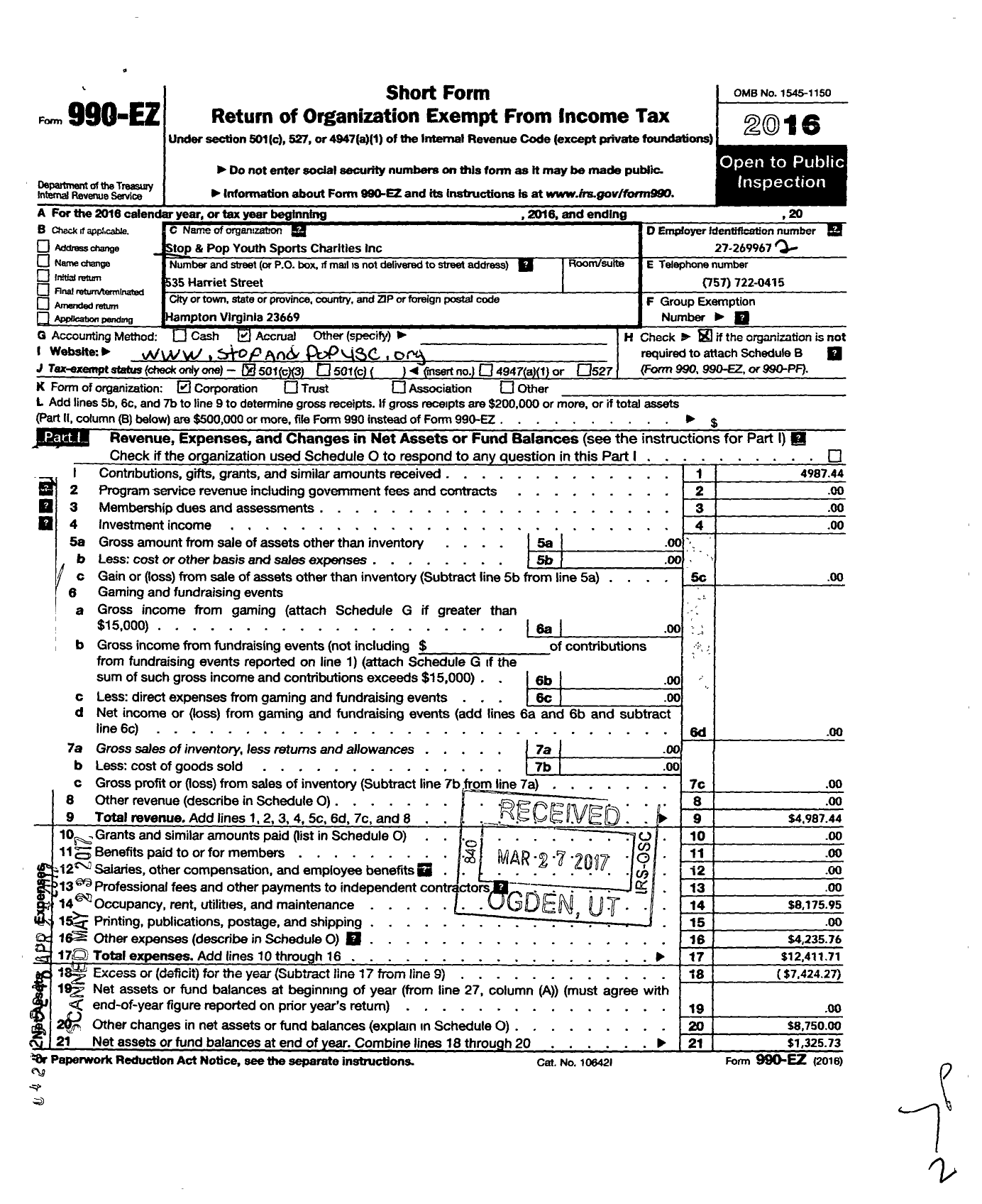 Image of first page of 2016 Form 990EZ for Stop and Pop Youth Sports Charities