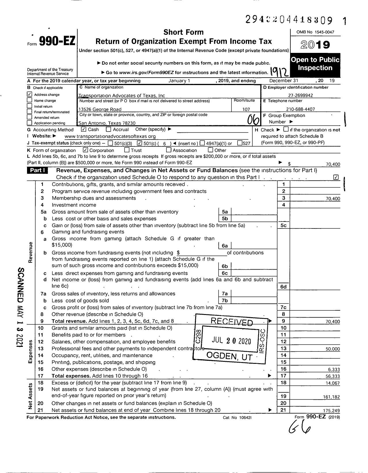 Image of first page of 2019 Form 990EO for Transportation Advocates of Texas