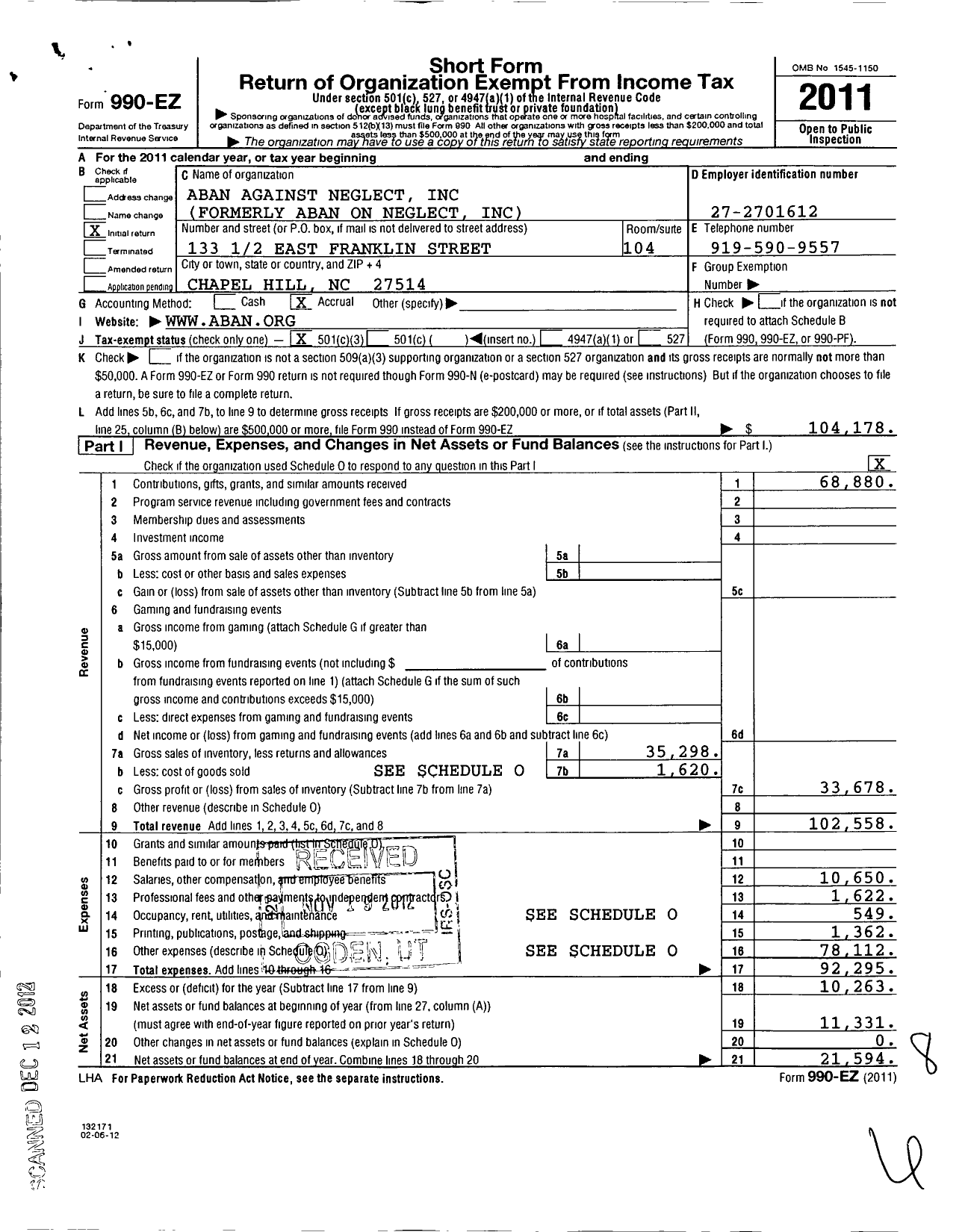 Image of first page of 2011 Form 990EZ for A Ban Against Neglect