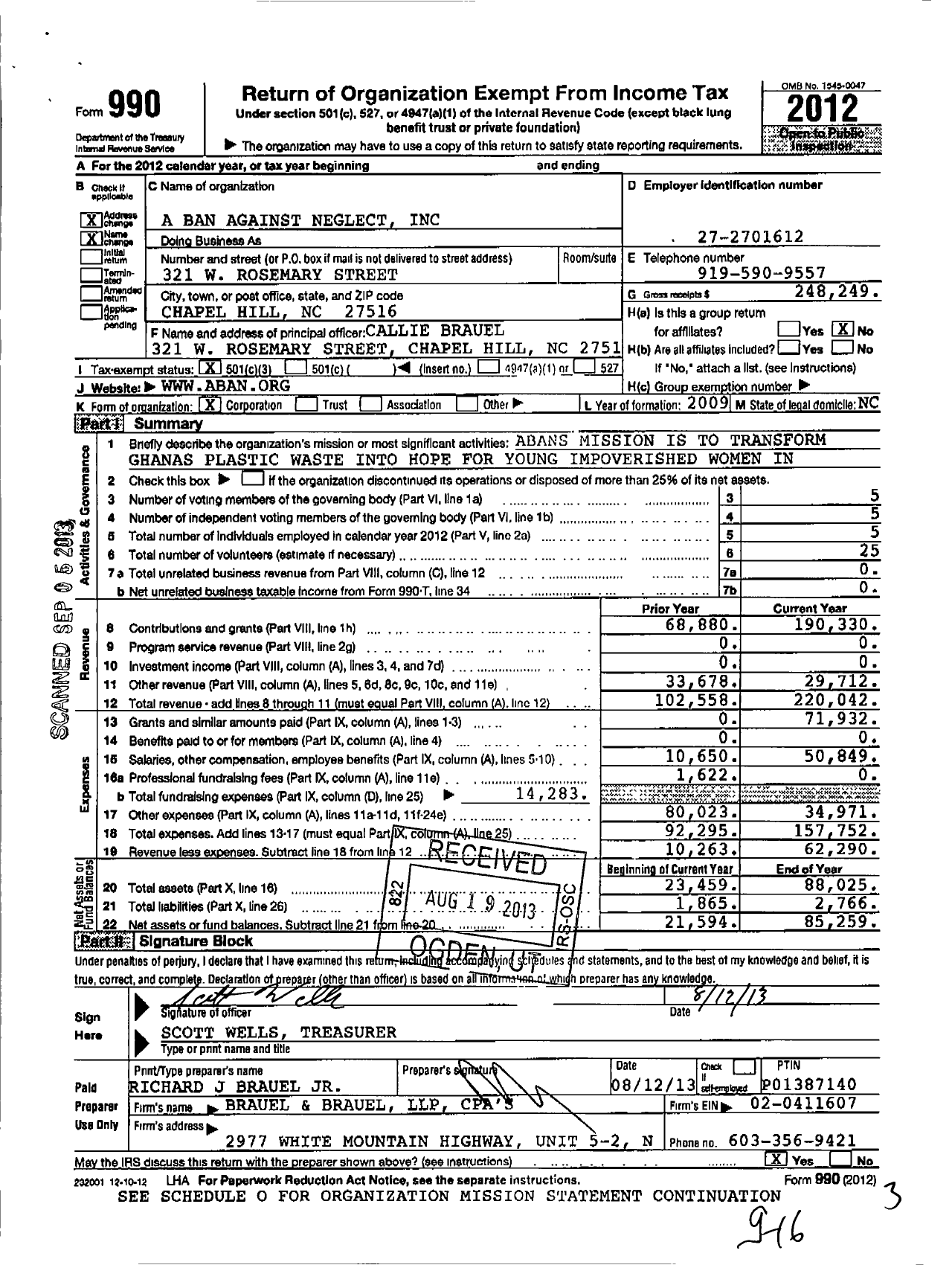 Image of first page of 2012 Form 990 for A Ban Against Neglect