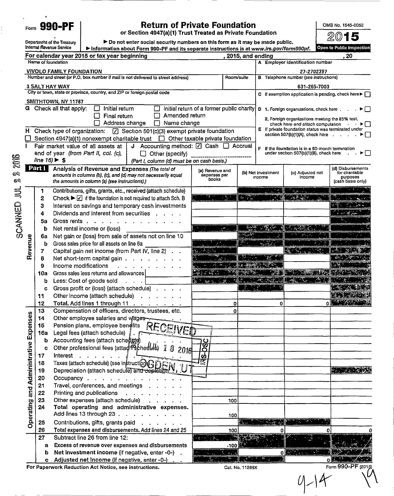 Image of first page of 2015 Form 990PF for Vivolo Family Foundation