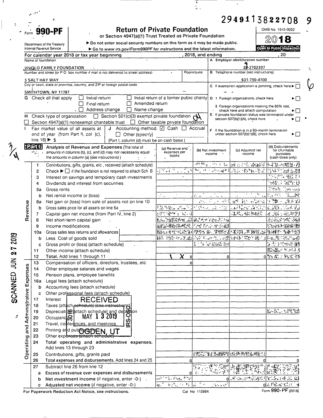 Image of first page of 2018 Form 990PF for Vivolo Family Foundation