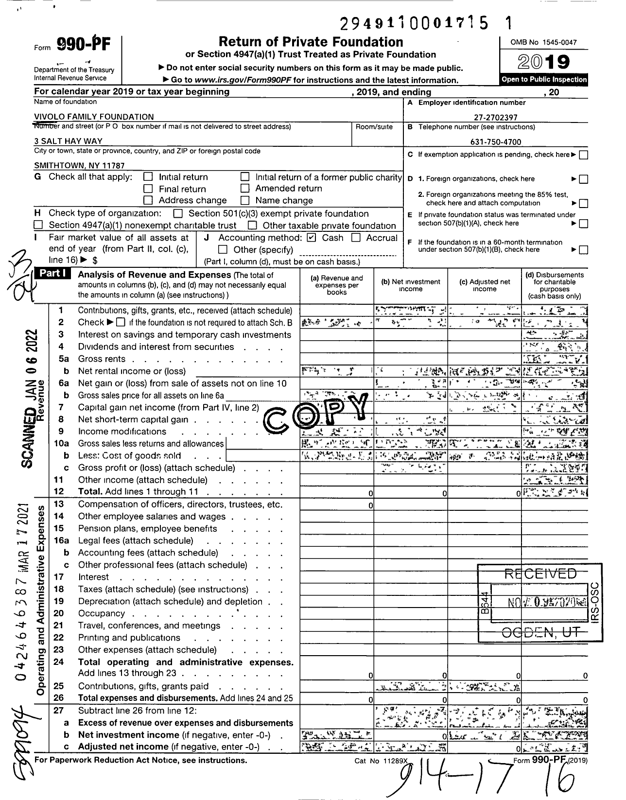 Image of first page of 2019 Form 990PF for Vivolo Family Foundation