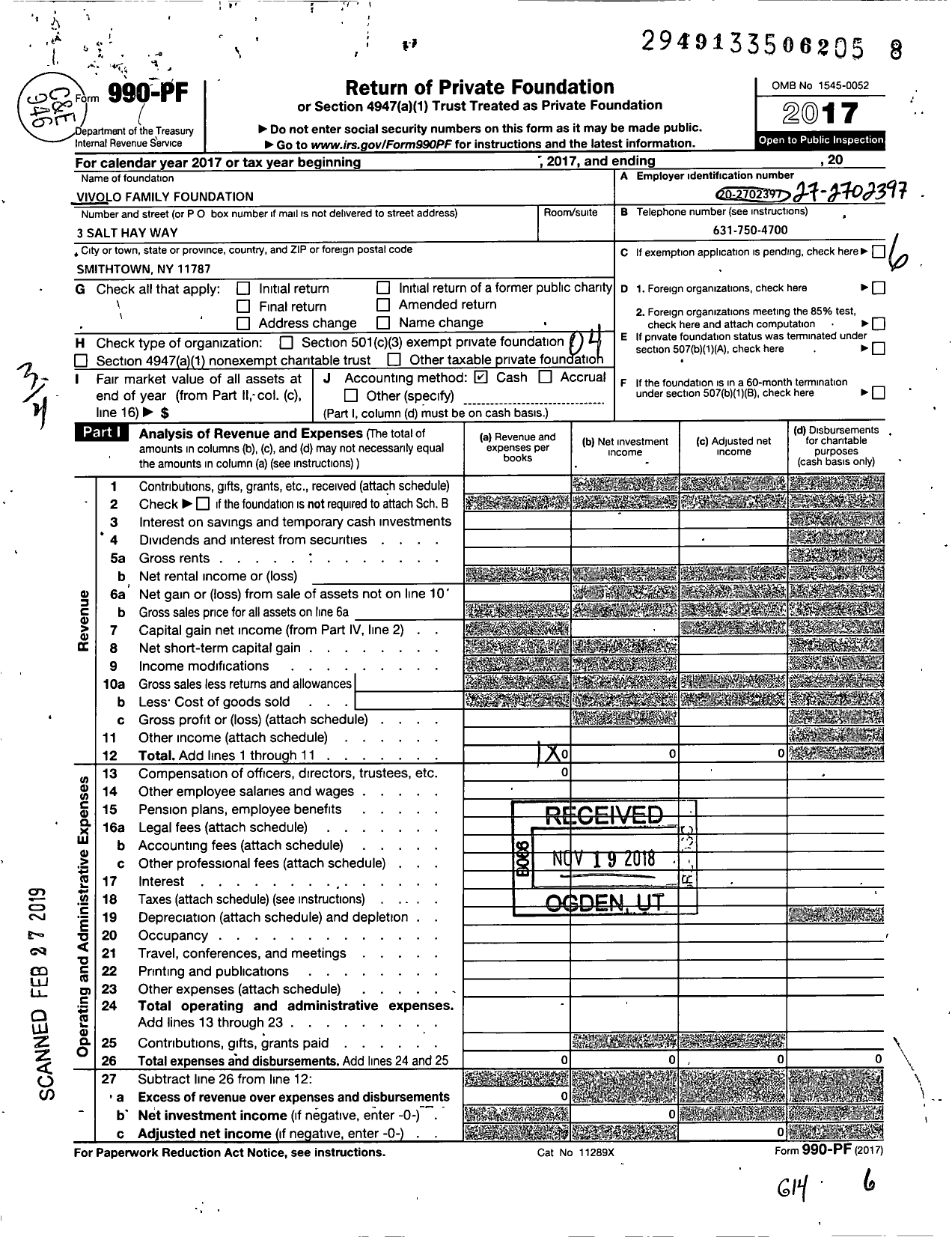 Image of first page of 2017 Form 990PF for Vivolo Family Foundation