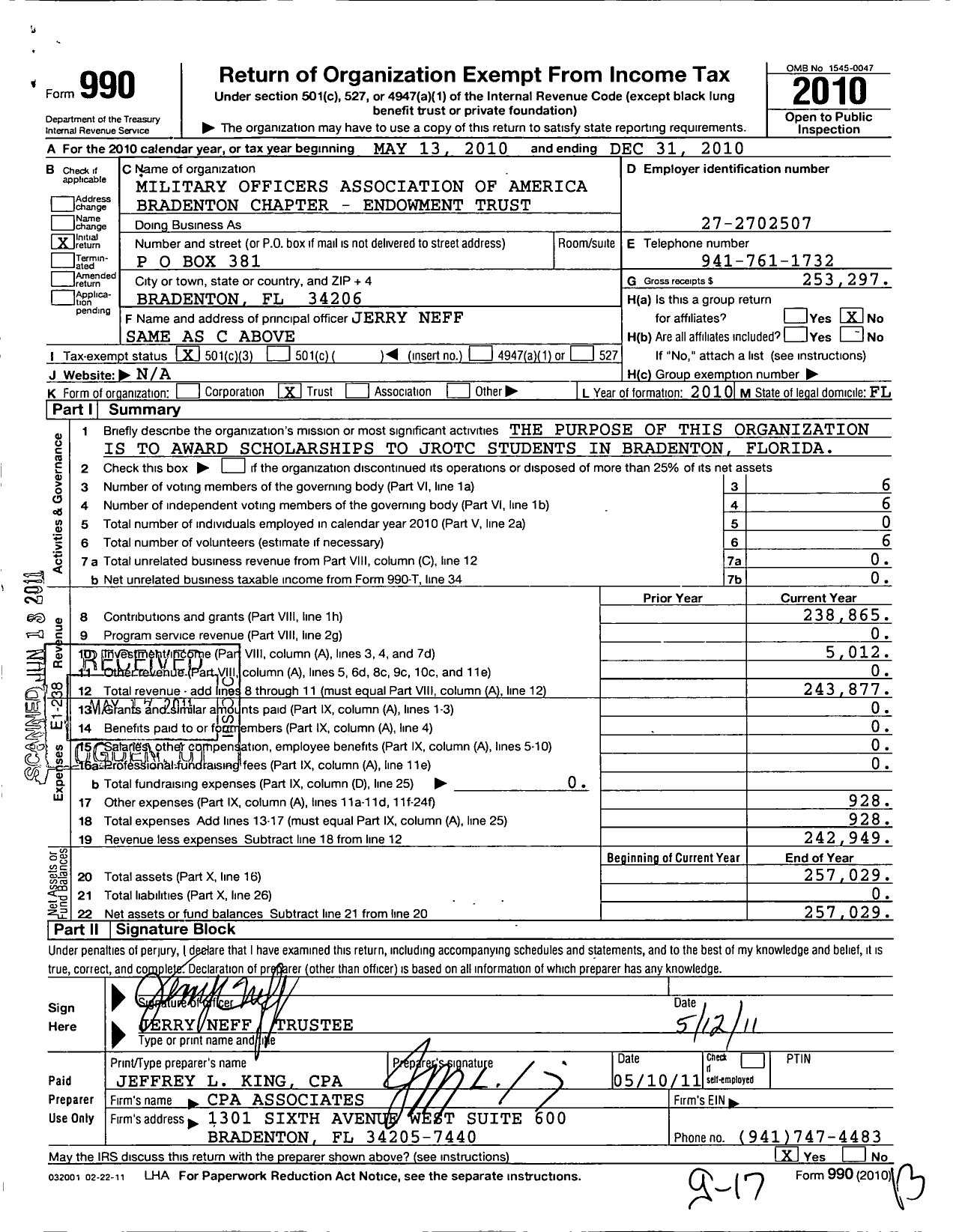 Image of first page of 2010 Form 990 for Military Officers Association of America - Bradenton Chap - Endowment Trust