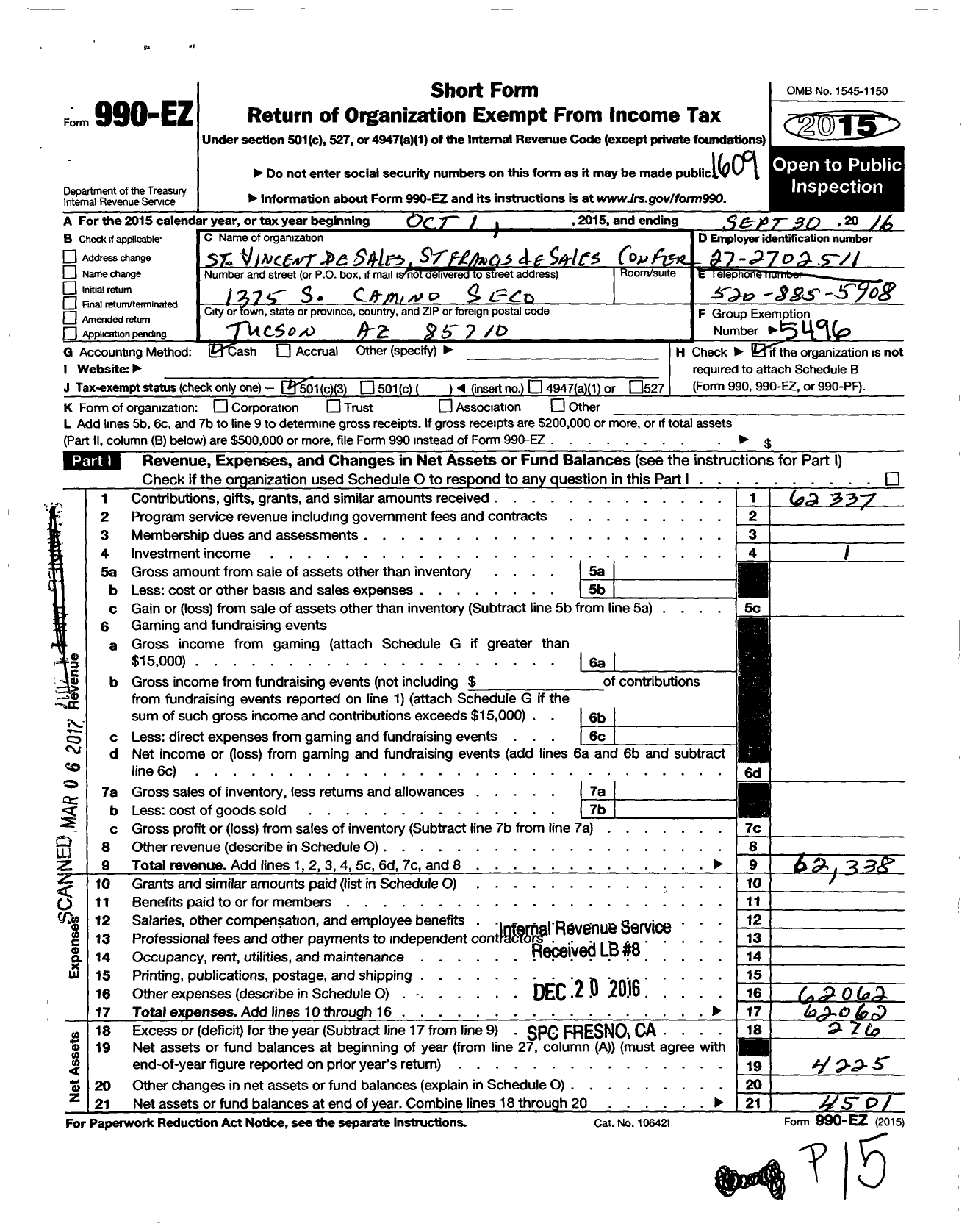 Image of first page of 2015 Form 990EZ for St Vincent de Paul St Francis de Sales Conference