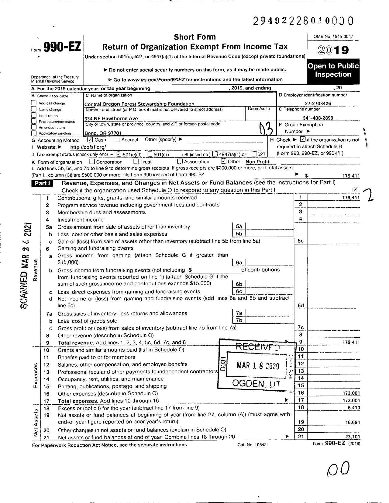 Image of first page of 2019 Form 990EZ for Central Oregon Forest Stewardship Foundation