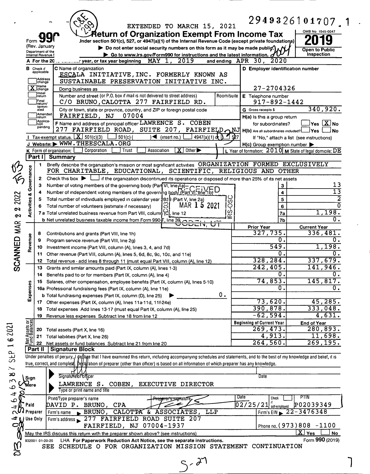 Image of first page of 2019 Form 990 for Escala Initiative