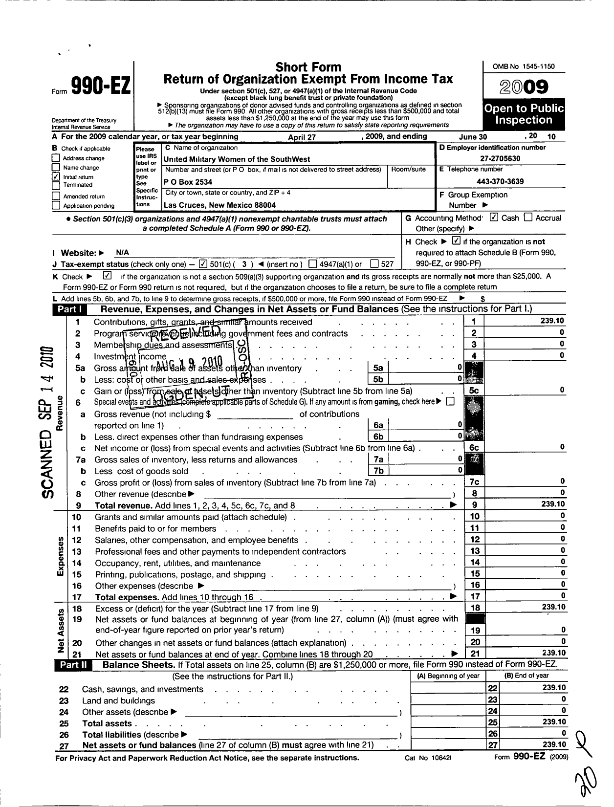 Image of first page of 2009 Form 990EZ for United Military Women of the Southwest