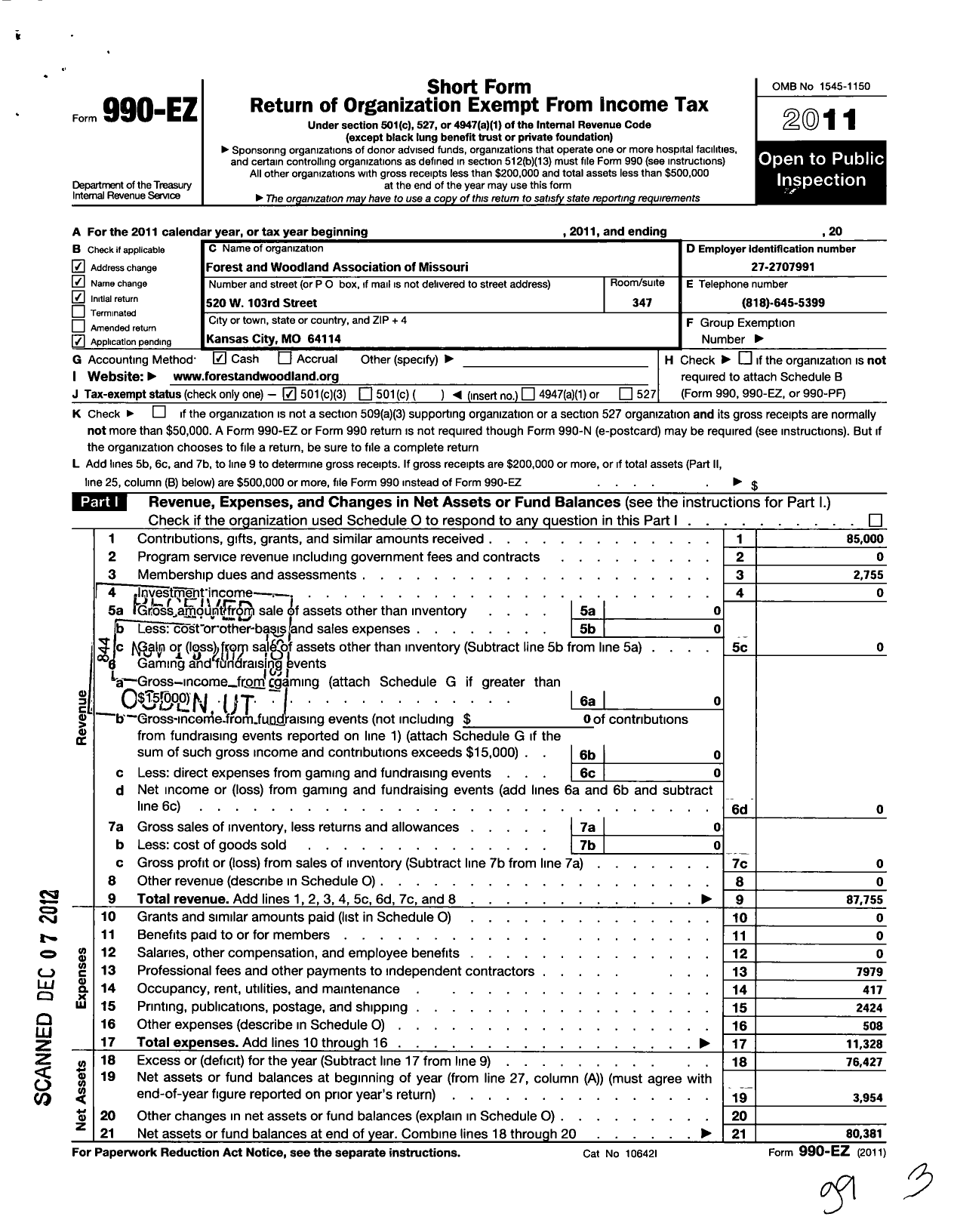 Image of first page of 2011 Form 990EZ for Forest and Woodland Association of Missouri