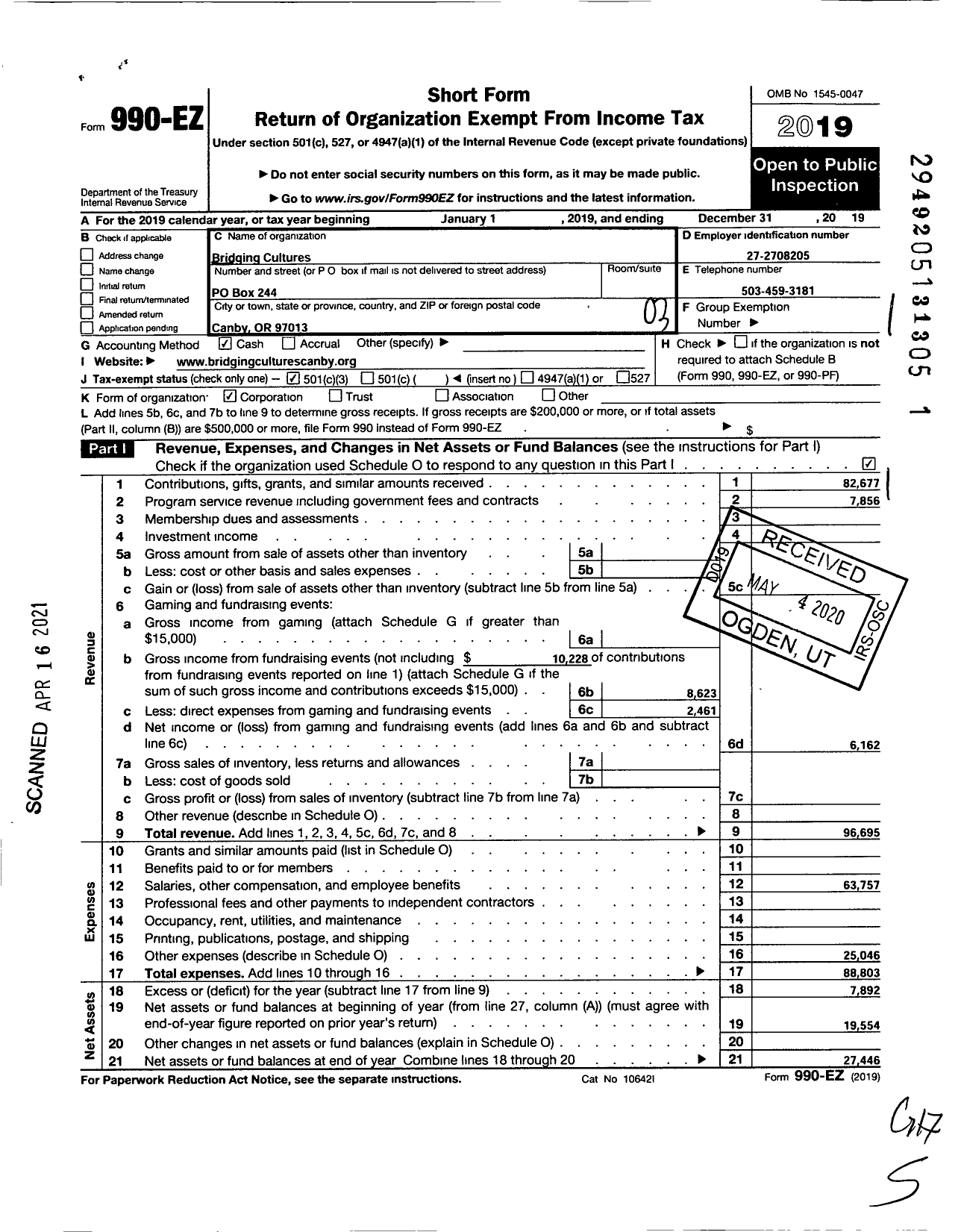 Image of first page of 2019 Form 990EZ for Bridging Cultures