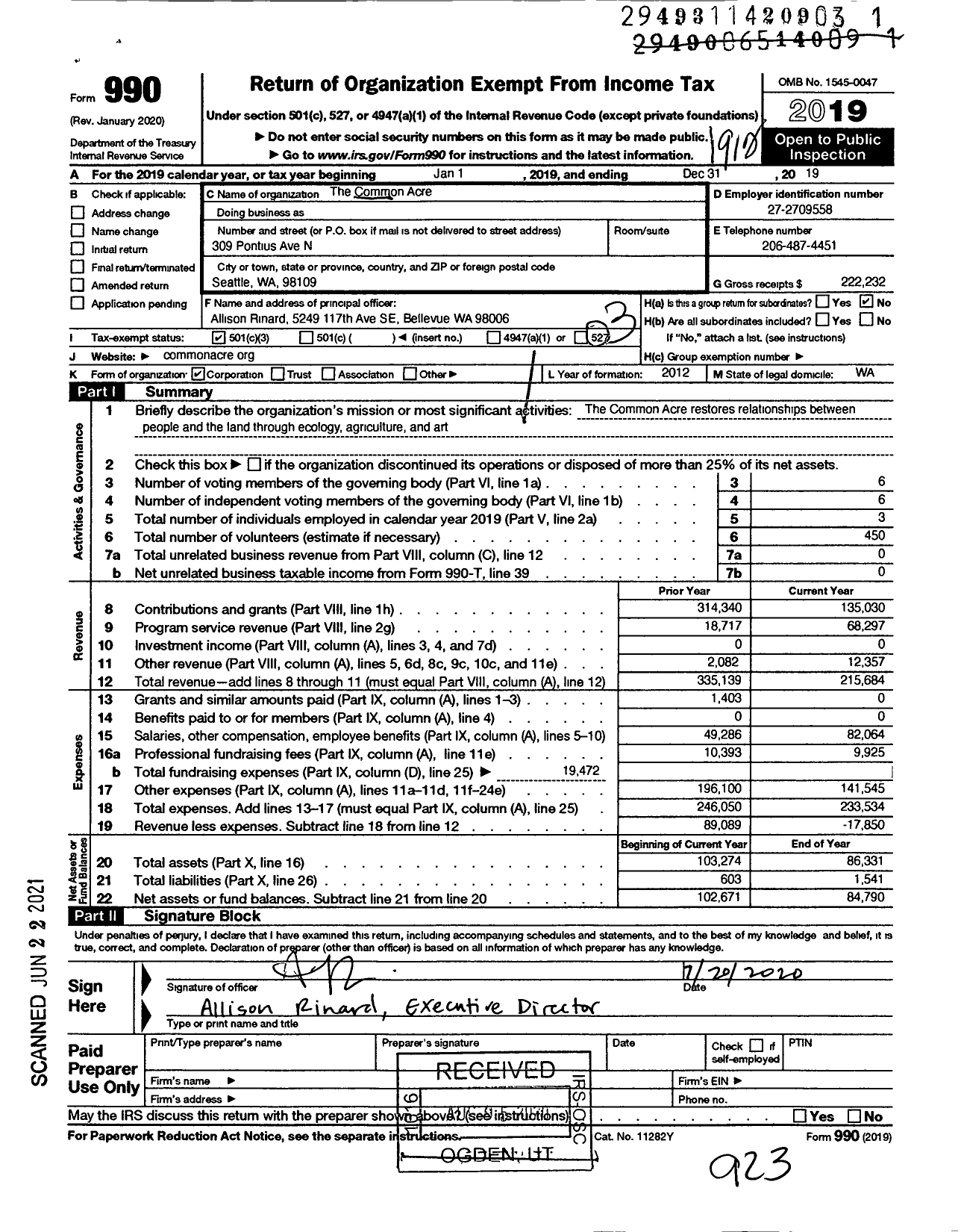 Image of first page of 2019 Form 990 for The Common Acre