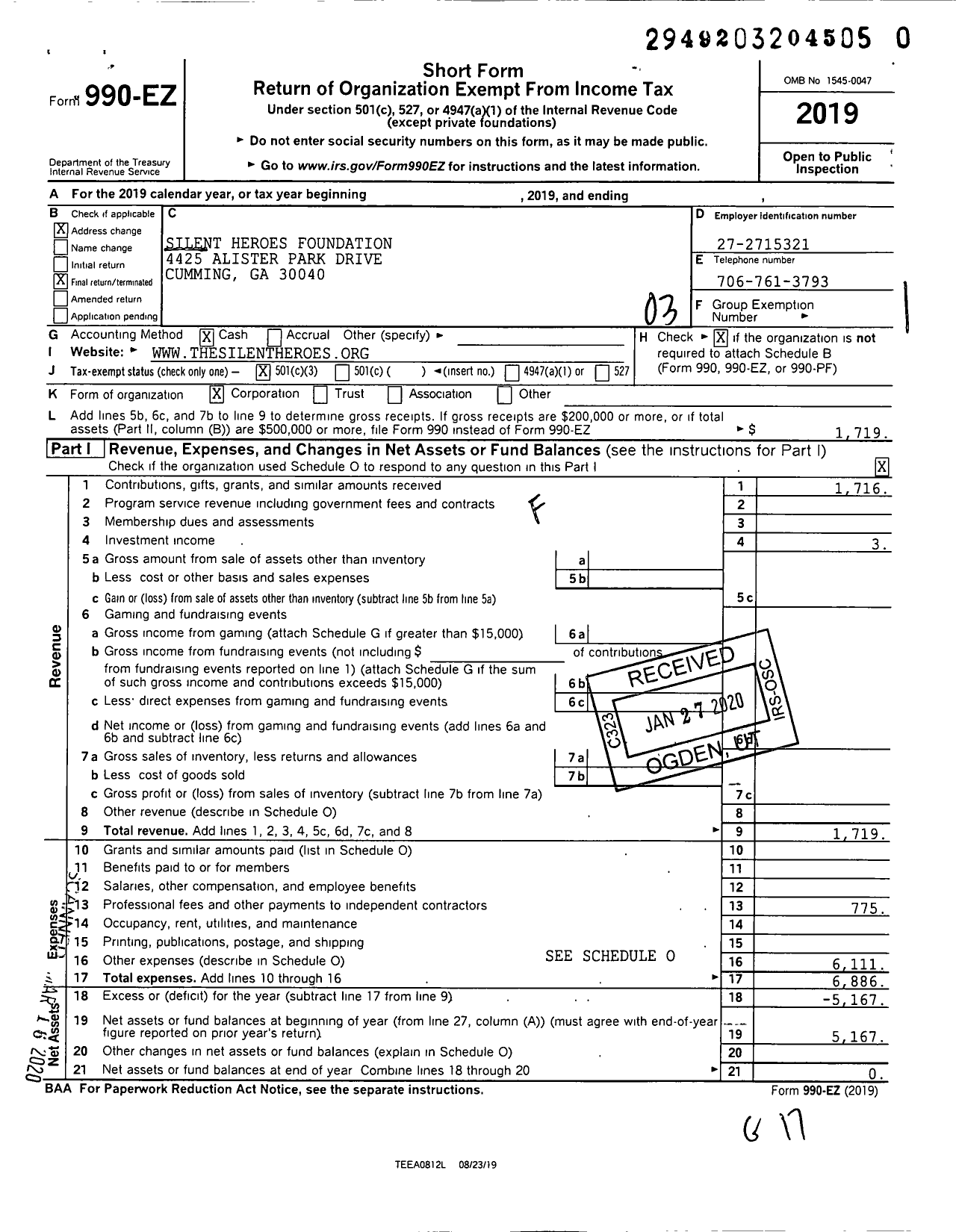 Image of first page of 2019 Form 990EZ for Silent Heroes Foundation