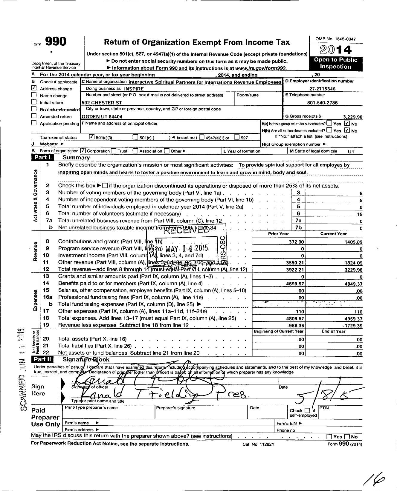 Image of first page of 2014 Form 990 for Interactive Spiritual Partners for Internationa Revenue Employee