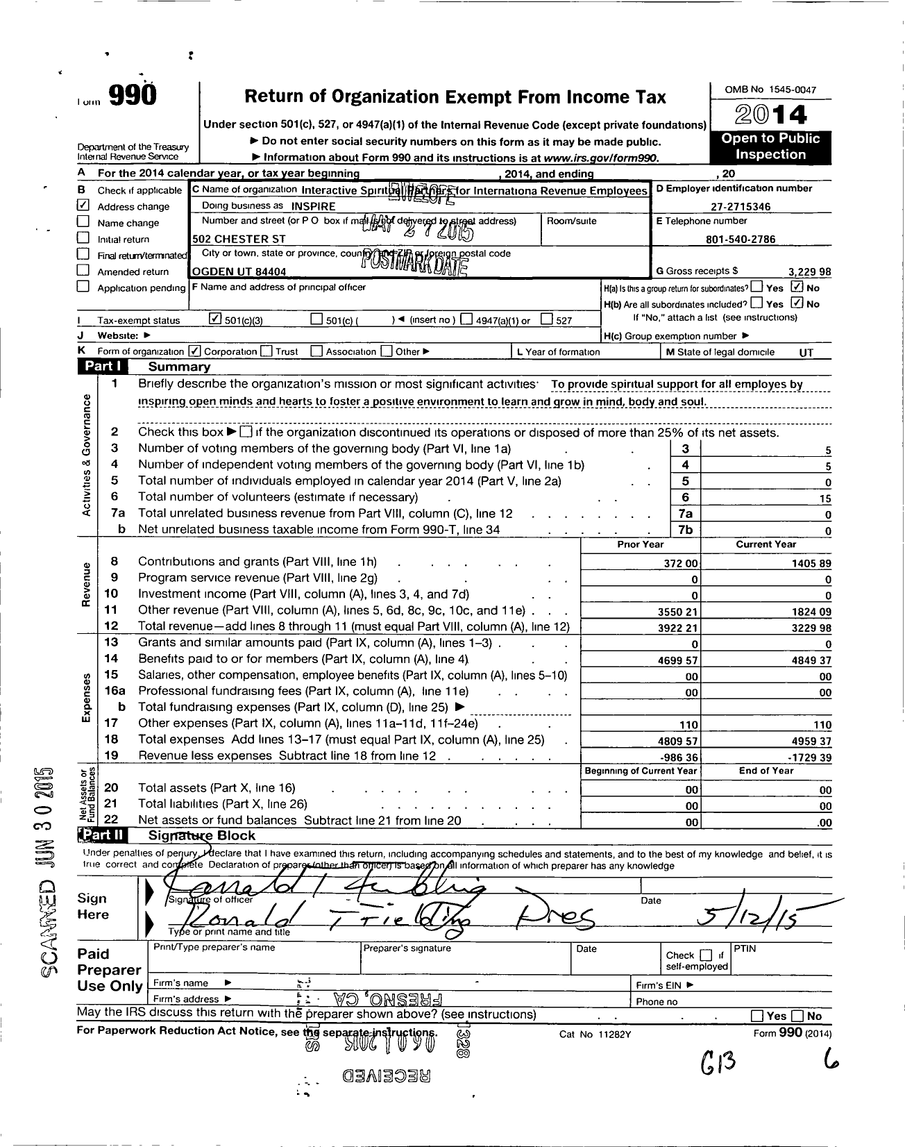 Image of first page of 2014 Form 990 for Interactive Spiritual Partners for Internationa Revenue Employee