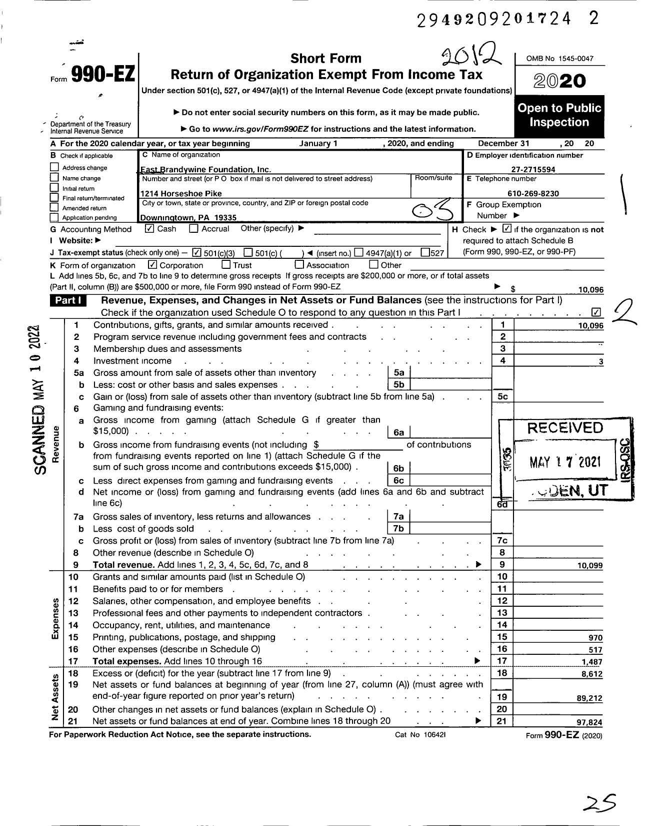 Image of first page of 2020 Form 990EZ for East Brandywine Foundation East Brandywine Foundation