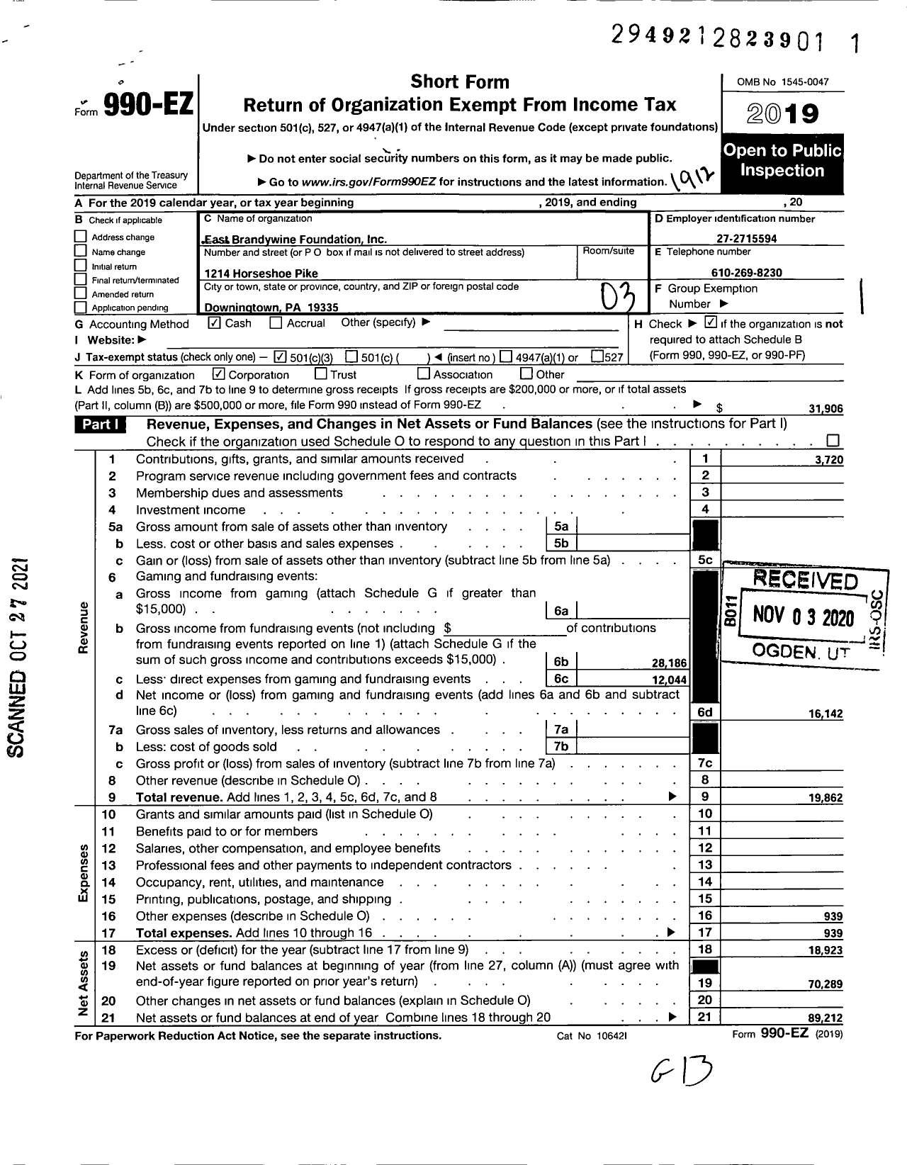 Image of first page of 2019 Form 990EZ for East Brandywine Foundation East Brandywine Foundation